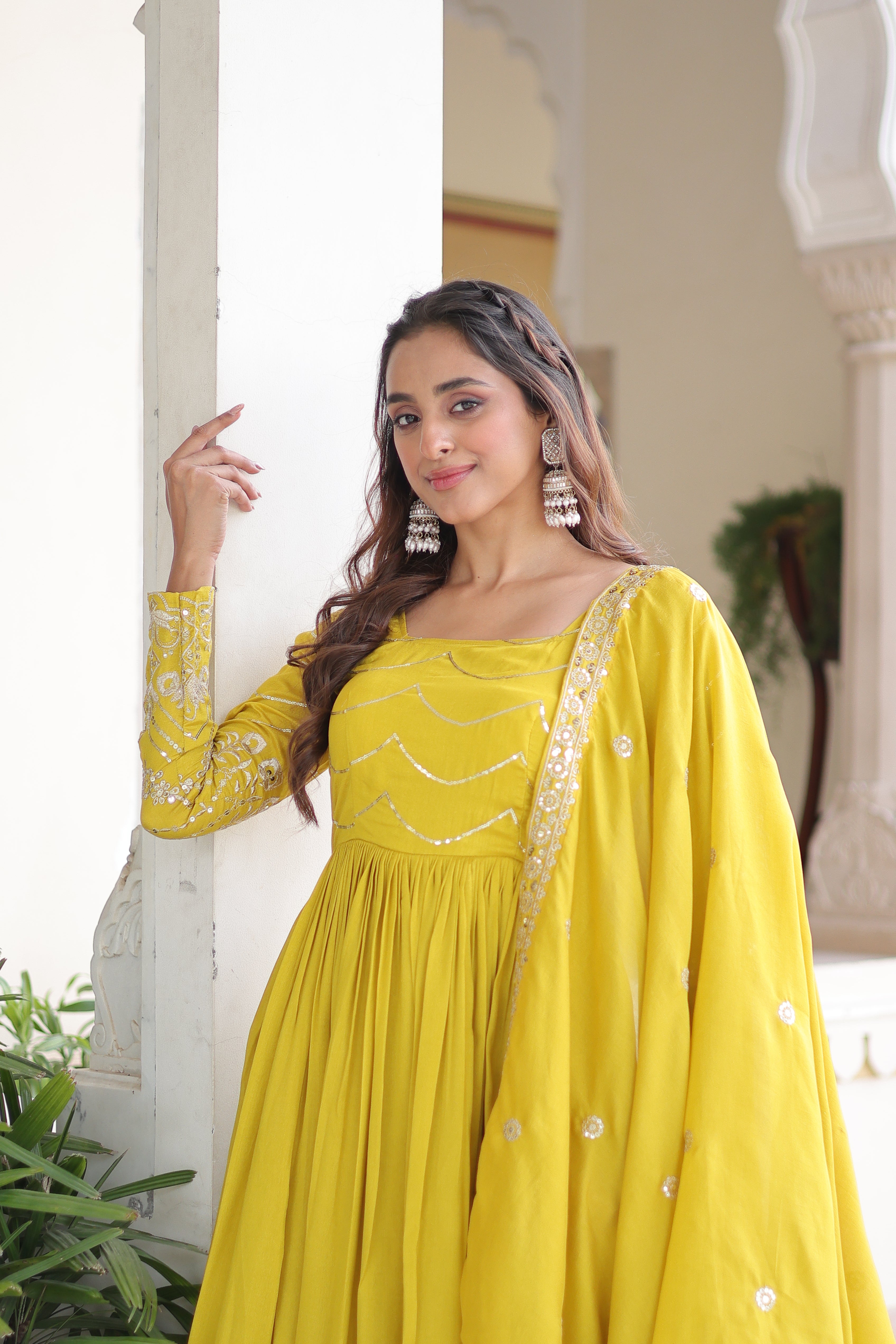 Yani Yellow Color Vichitra Silk Sequins Embroidered Work Gown with Dupatta