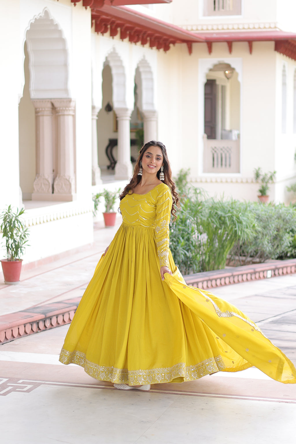 Yani Yellow Color Vichitra Silk Sequins Embroidered Work Gown with Dupatta