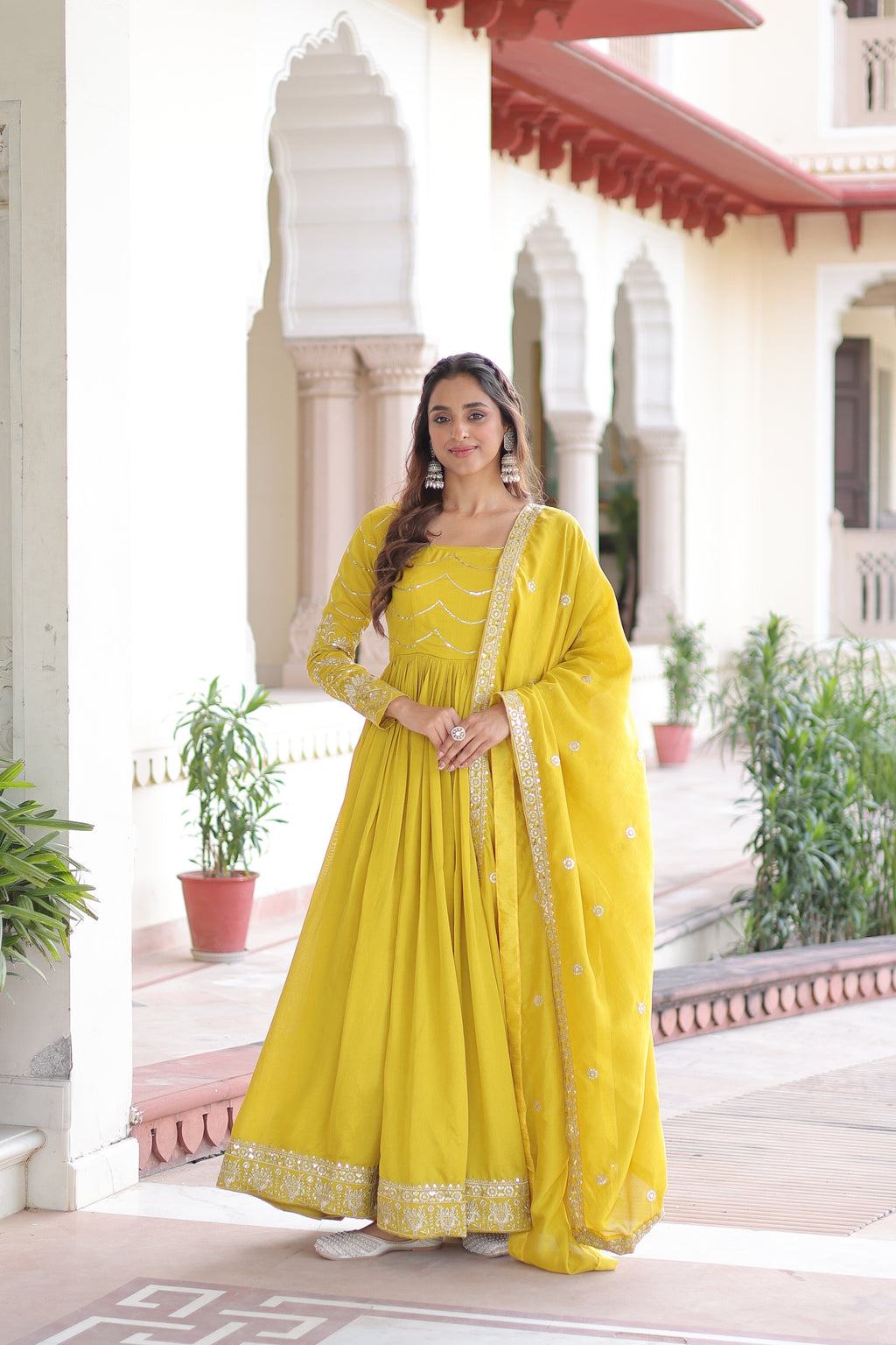 Yani Yellow Color Vichitra Silk Sequins Embroidered Work Gown with Dupatta