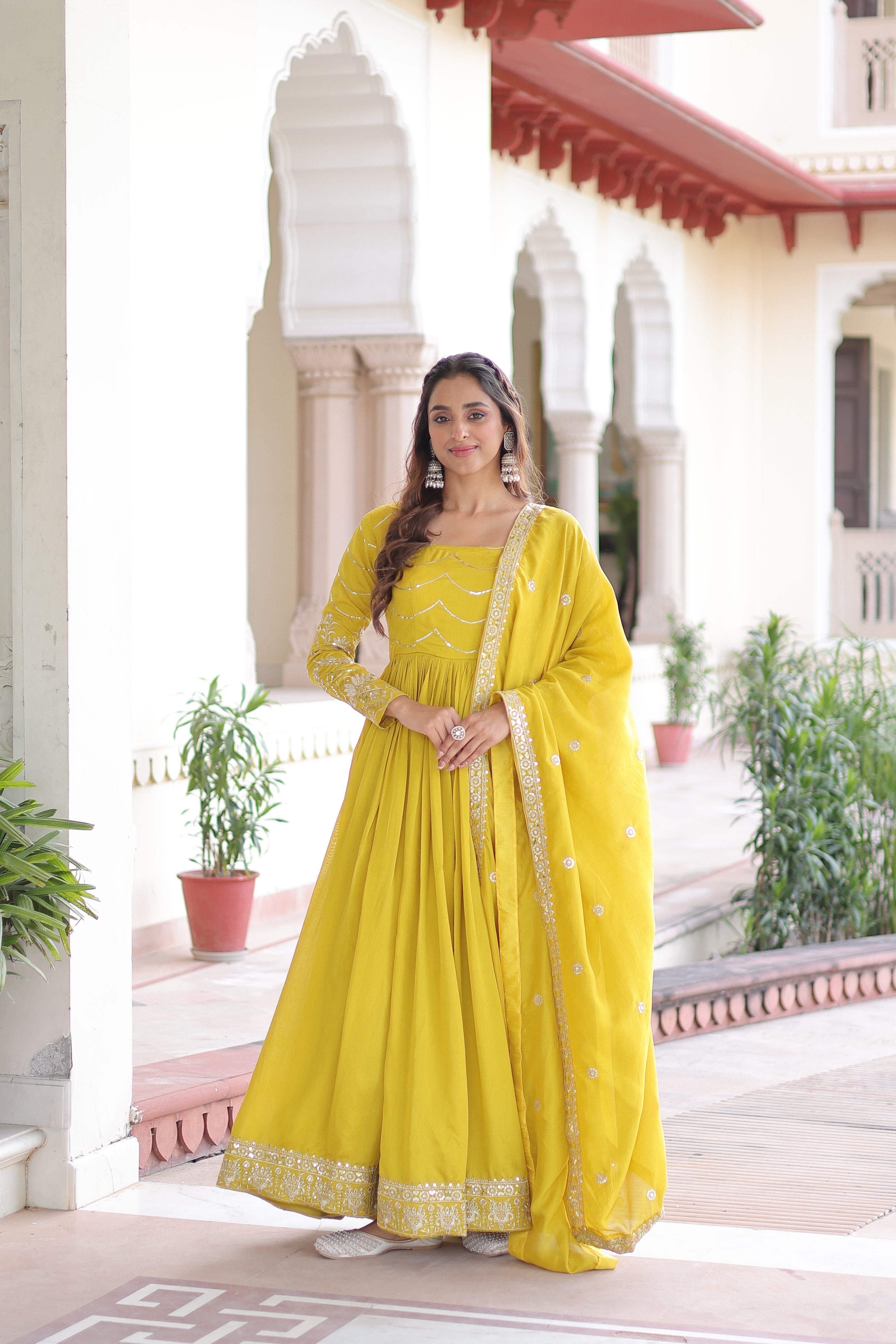 Yani Yellow Color Vichitra Silk Sequins Embroidered Work Gown with Dupatta