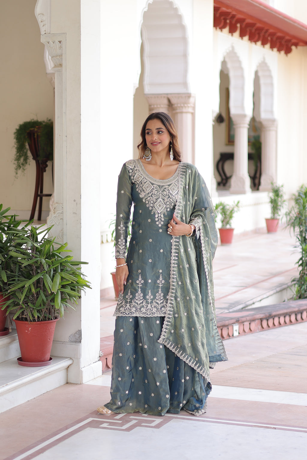 Pria teal green Fendi silk kurti sharara set with coding sequins embroidery work