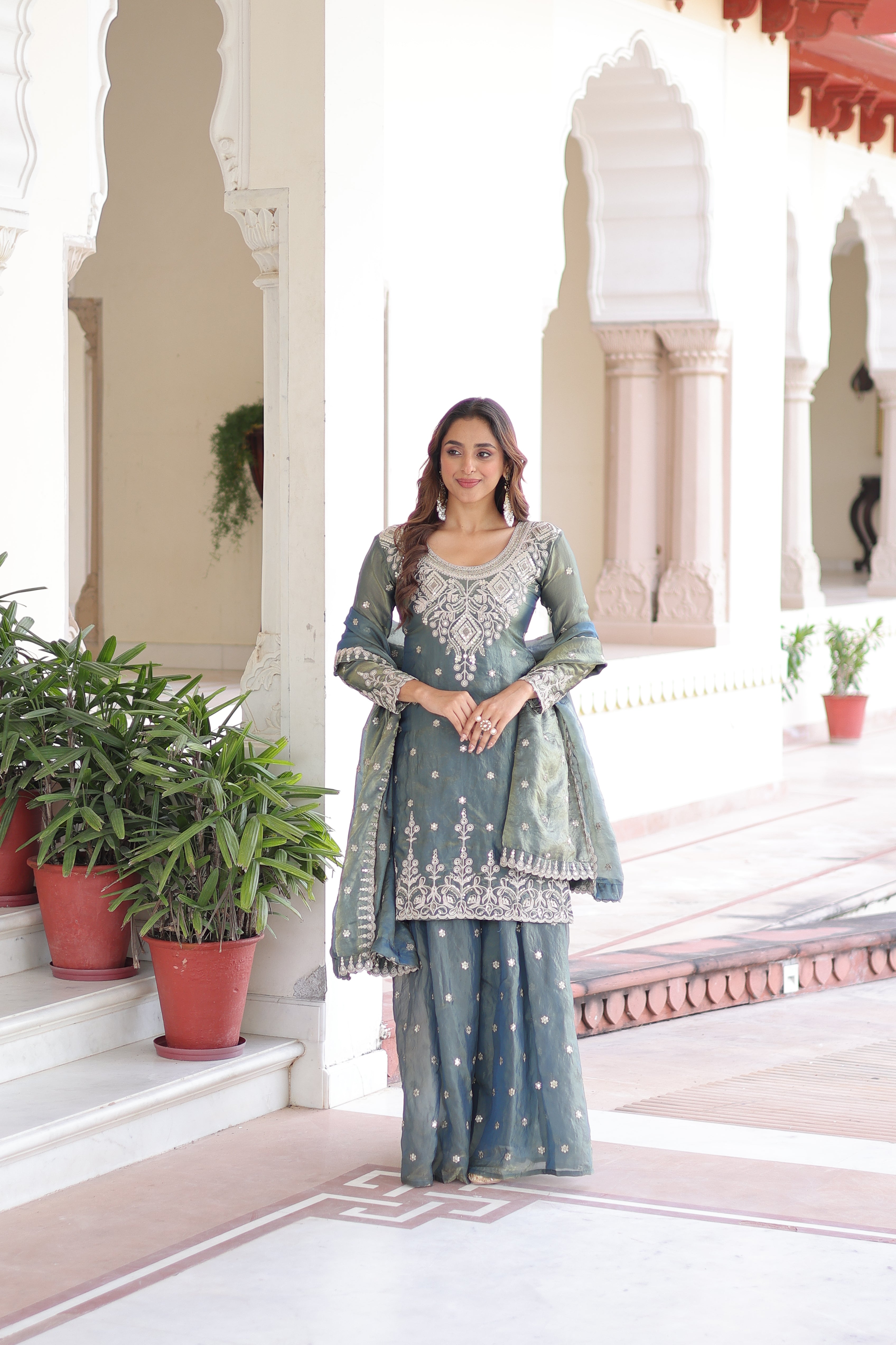 Pria teal green Fendi silk kurti sharara set with coding sequins embroidery work