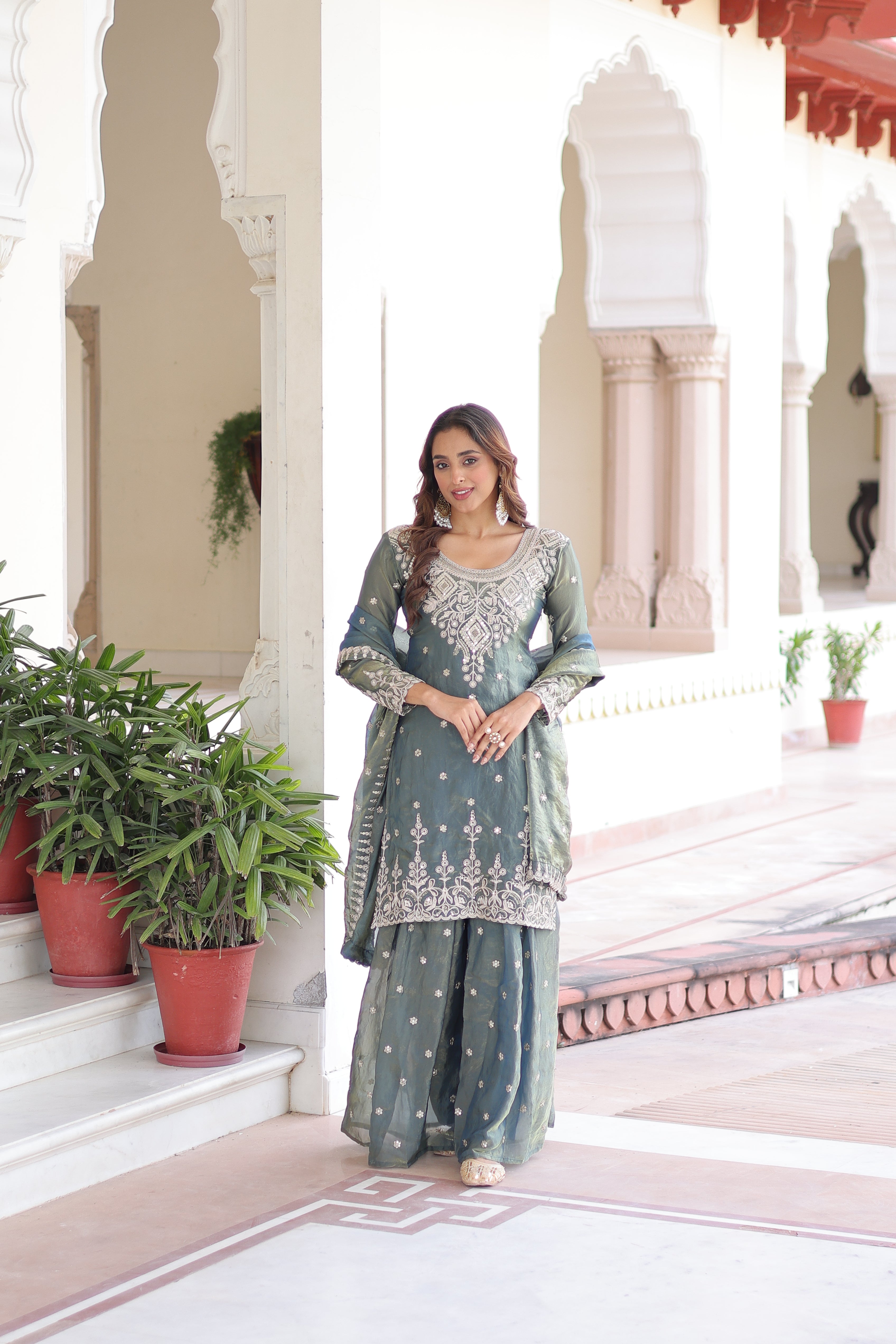 Pria teal green Fendi silk kurti sharara set with coding sequins embroidery work