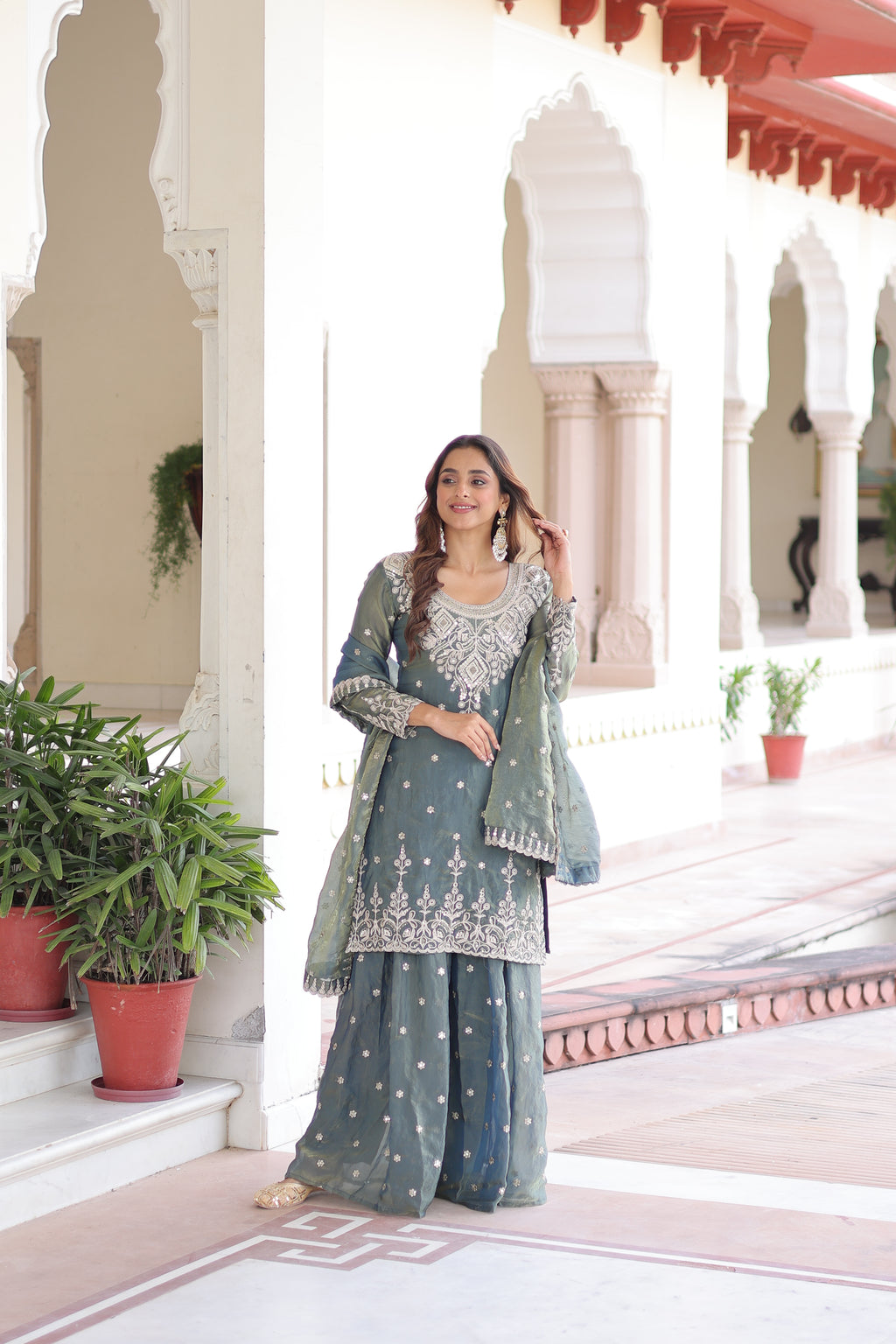 Pria teal green Fendi silk kurti sharara set with coding sequins embroidery work