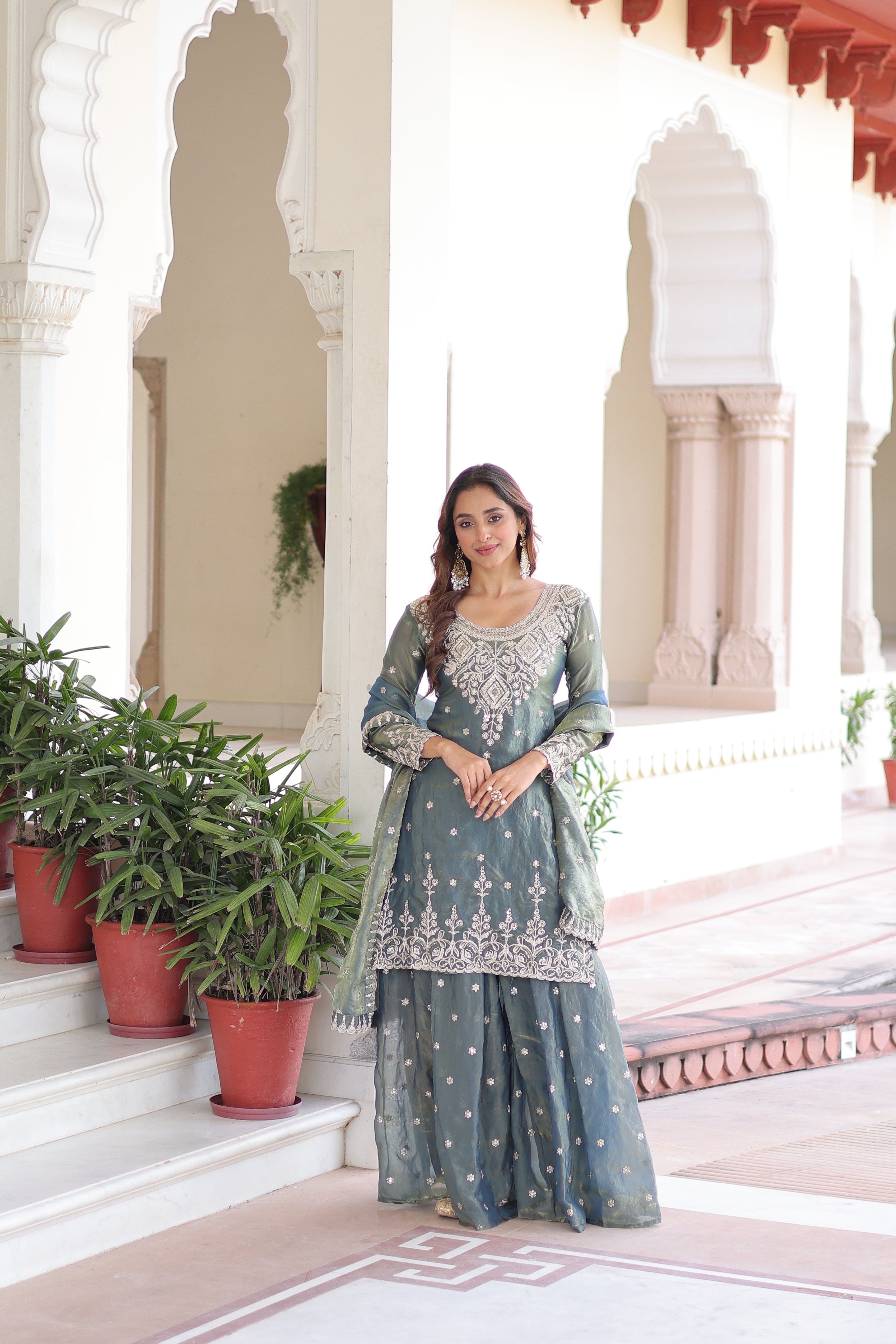 Pria teal green Fendi silk kurti sharara set with coding sequins embroidery work