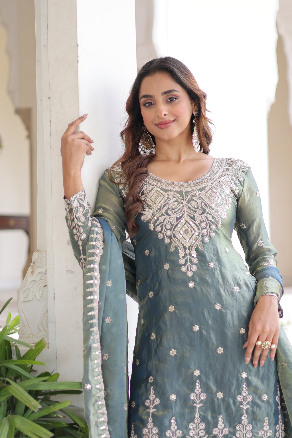 Pria teal green Fendi silk kurti sharara set with coding sequins embroidery work