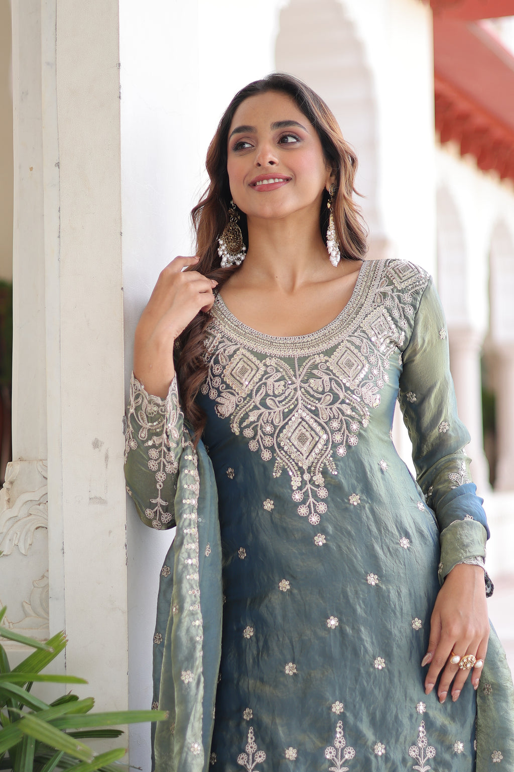 Pria teal green Fendi silk kurti sharara set with coding sequins embroidery work
