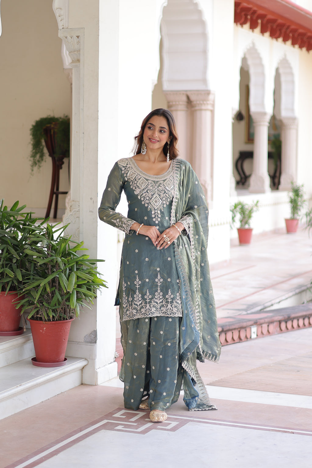 Pria teal green Fendi silk kurti sharara set with coding sequins embroidery work