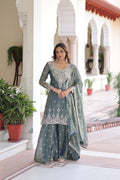 Pria teal green Fendi silk kurti sharara set with coding sequins embroidery work