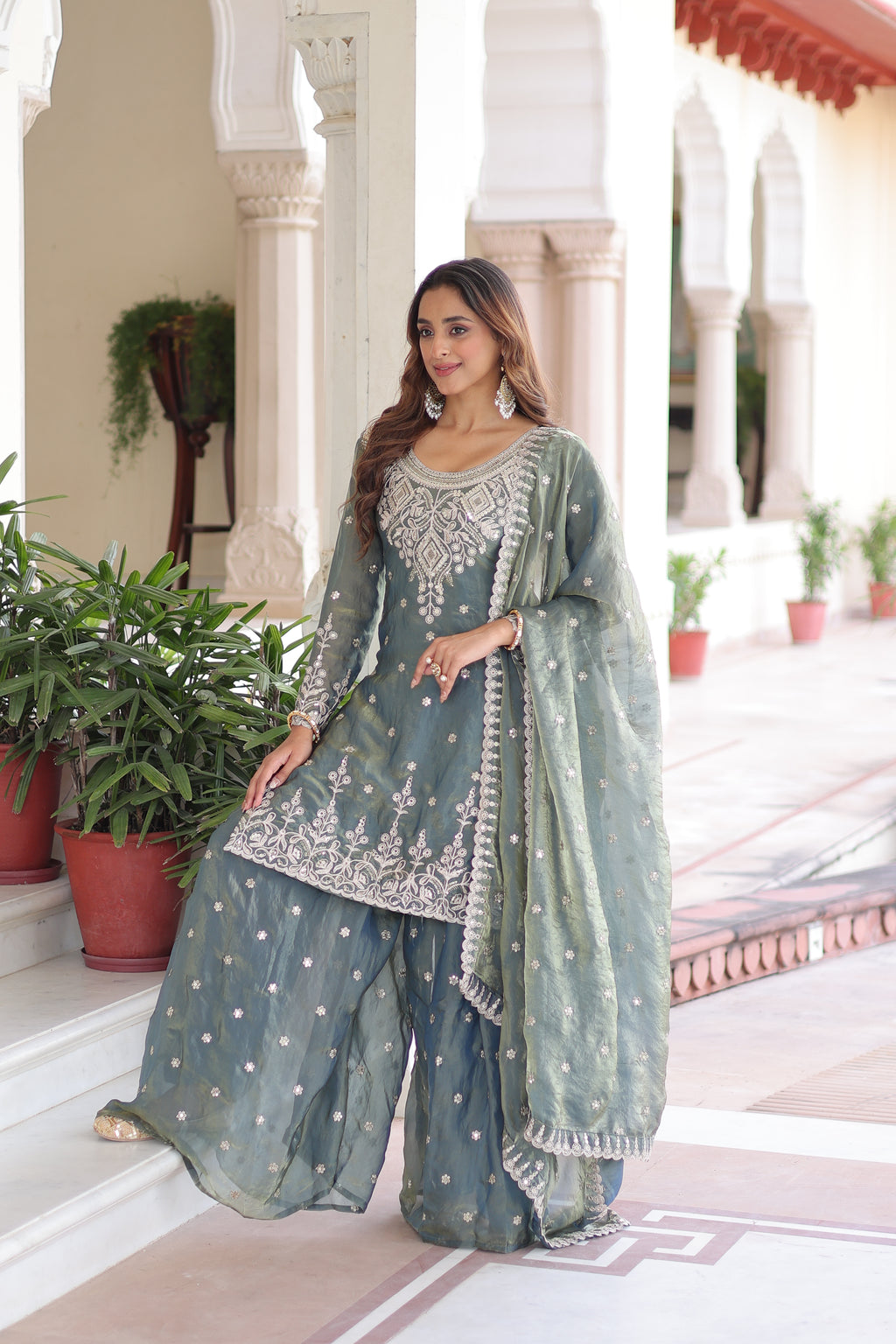 Pria teal green Fendi silk kurti sharara set with coding sequins embroidery work