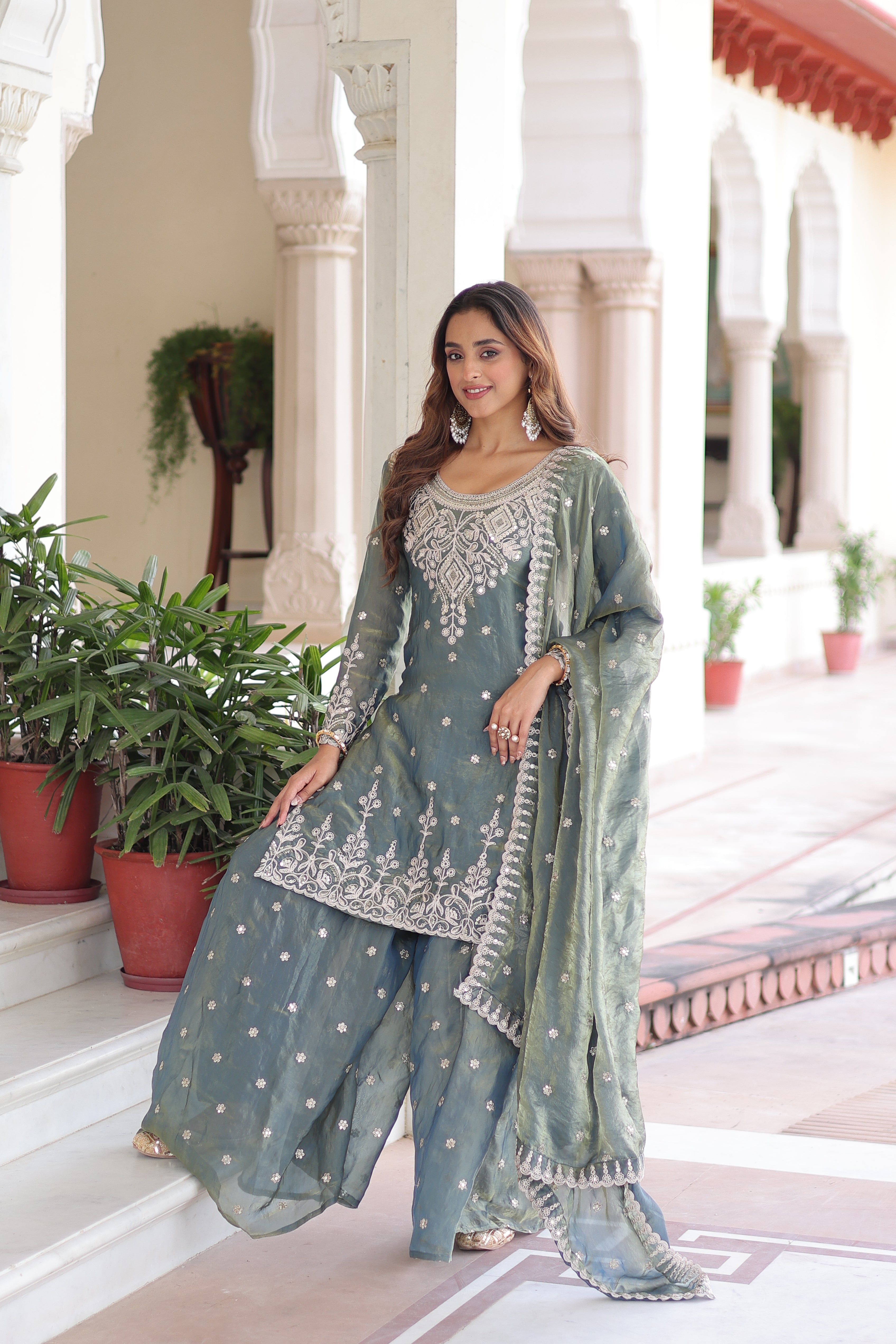 Pria teal green Fendi silk kurti sharara set with coding sequins embroidery work