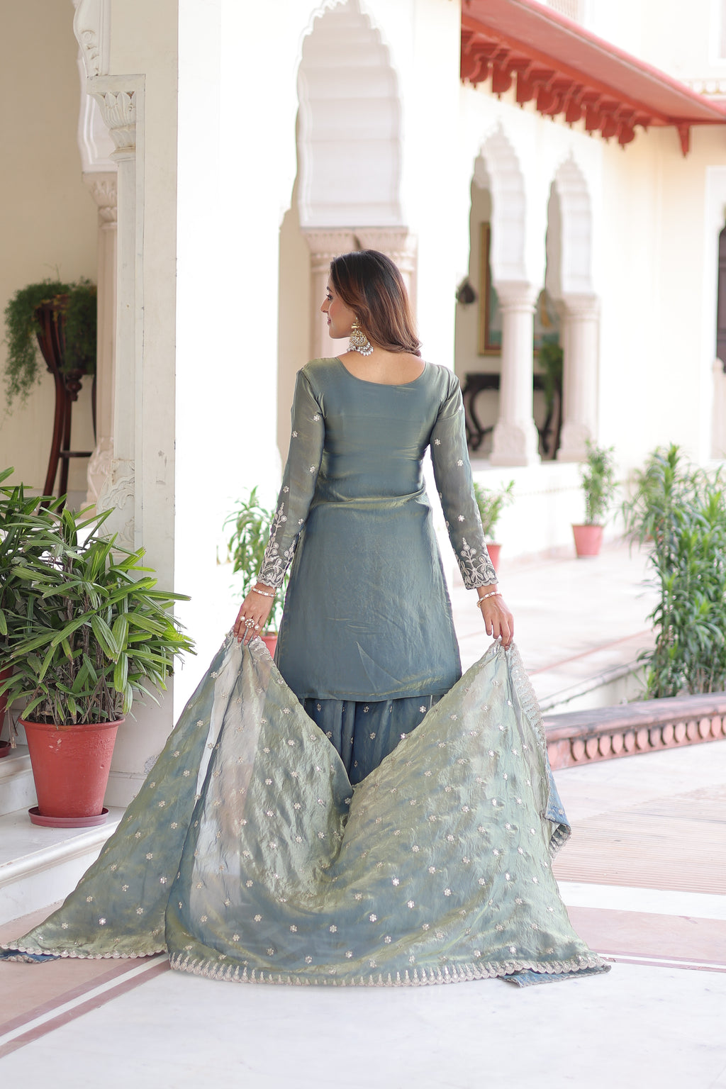 Pria teal green Fendi silk kurti sharara set with coding sequins embroidery work