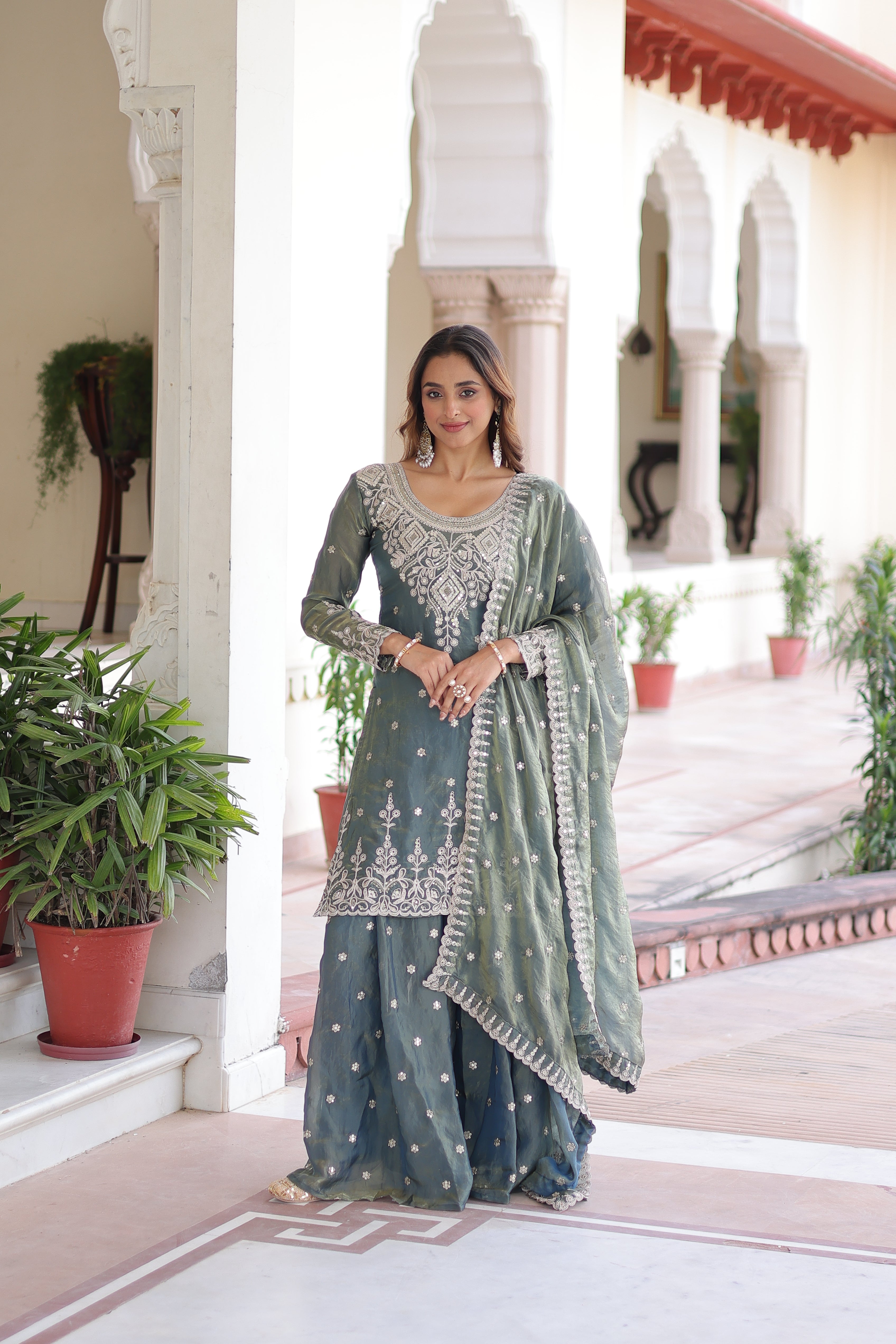 Pria teal green Fendi silk kurti sharara set with coding sequins embroidery work
