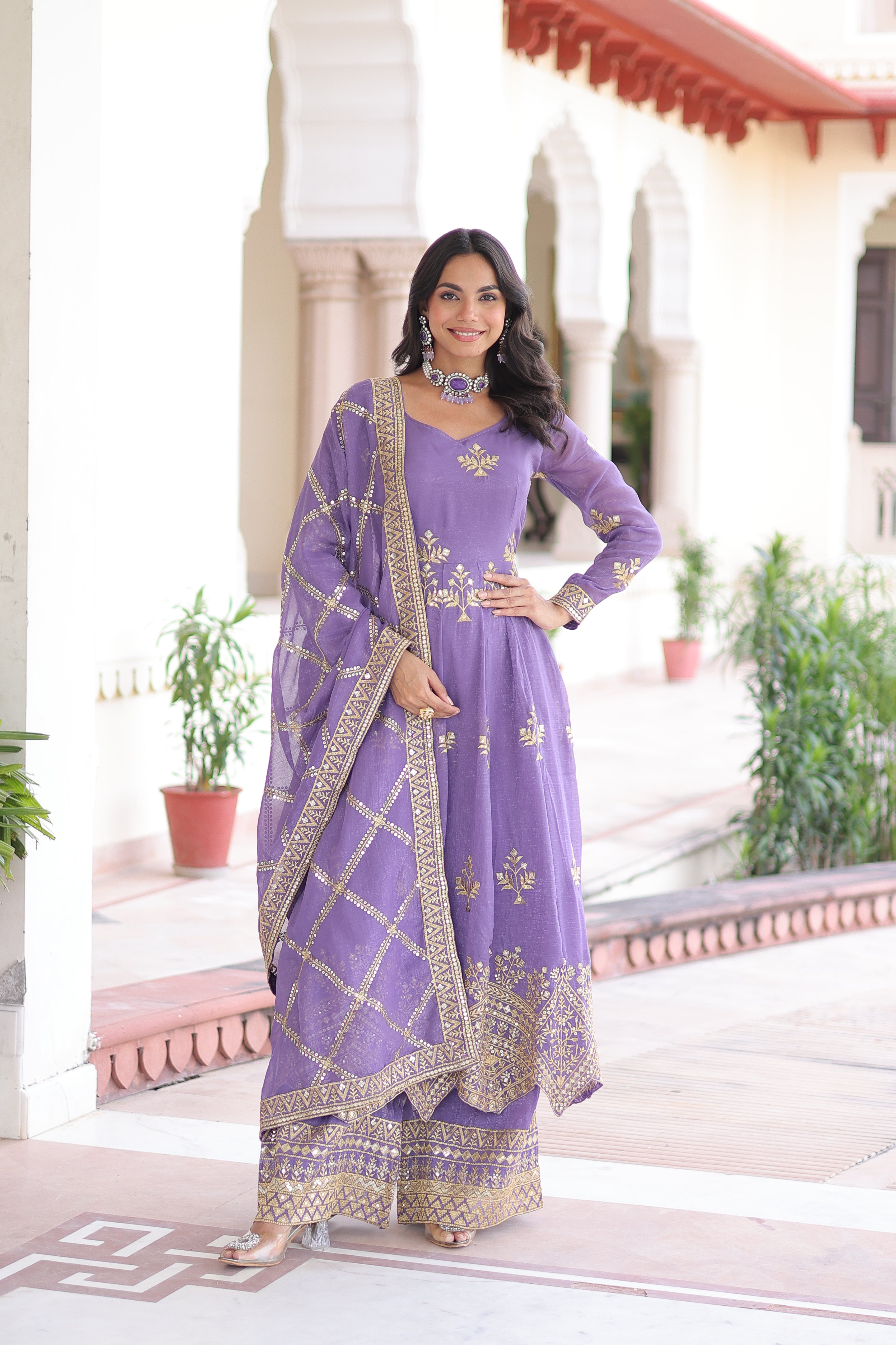 Vyoma Lavender Purple Silver Crunchy Rich Sequins Embroidered Work Gown Set