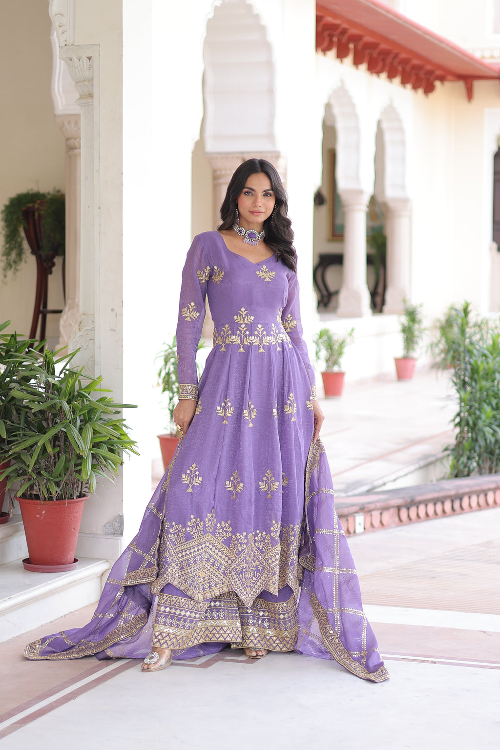 Vyoma Lavender Purple Silver Crunchy Rich Sequins Embroidered Work Gown Set