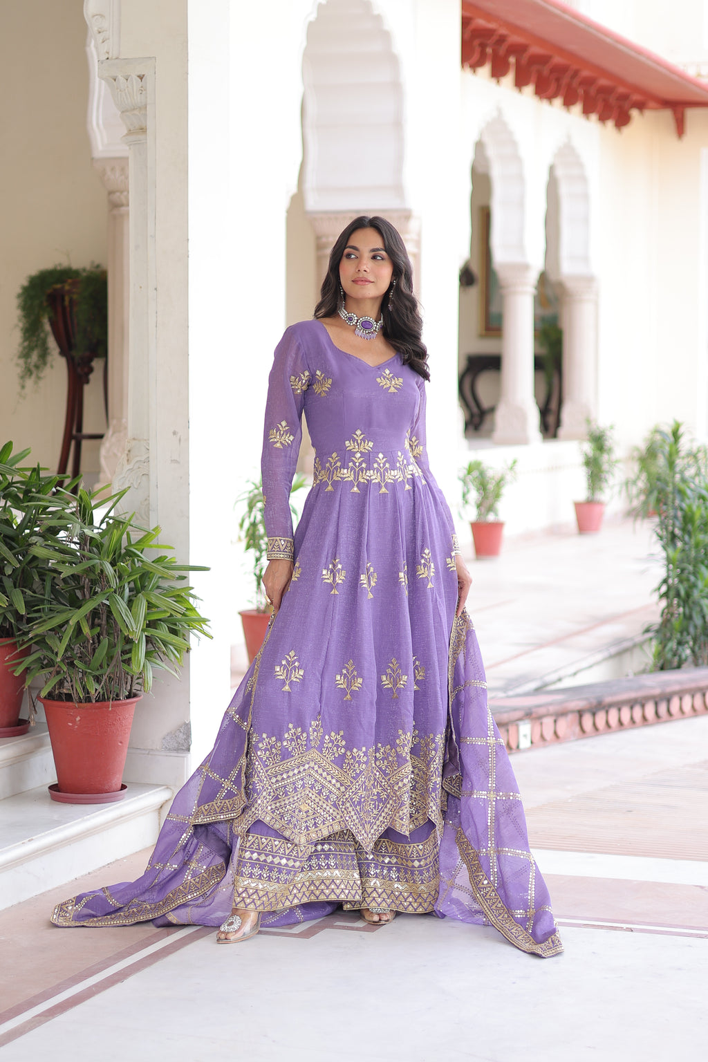 Vyoma Lavender Purple Silver Crunchy Rich Sequins Embroidered Work Gown Set