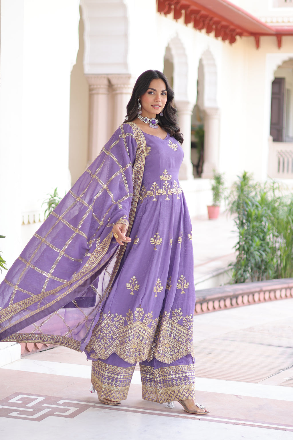 Vyoma Lavender Purple Silver Crunchy Rich Sequins Embroidered Work Gown Set