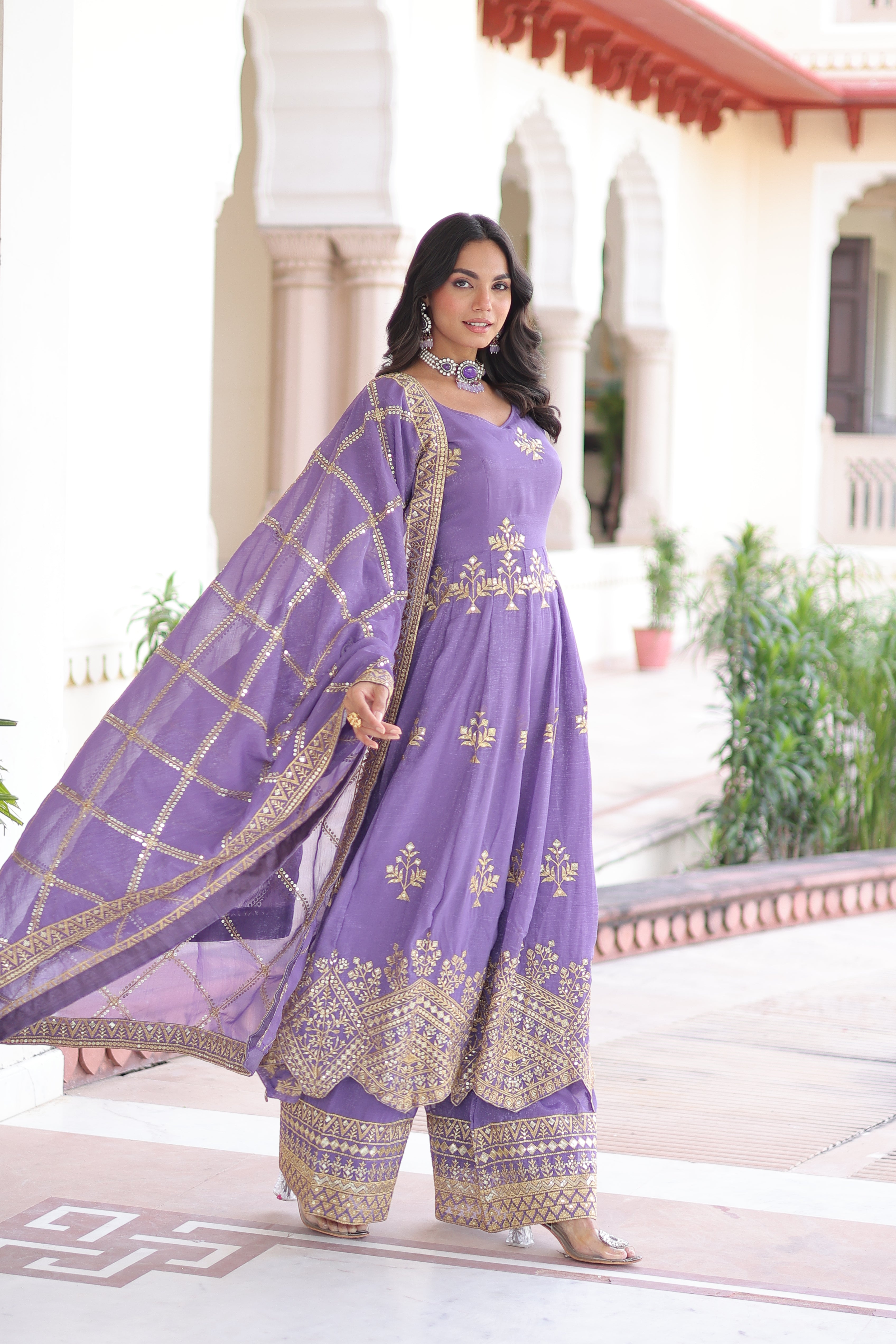 Vyoma Lavender Purple Silver Crunchy Rich Sequins Embroidered Work Gown Set