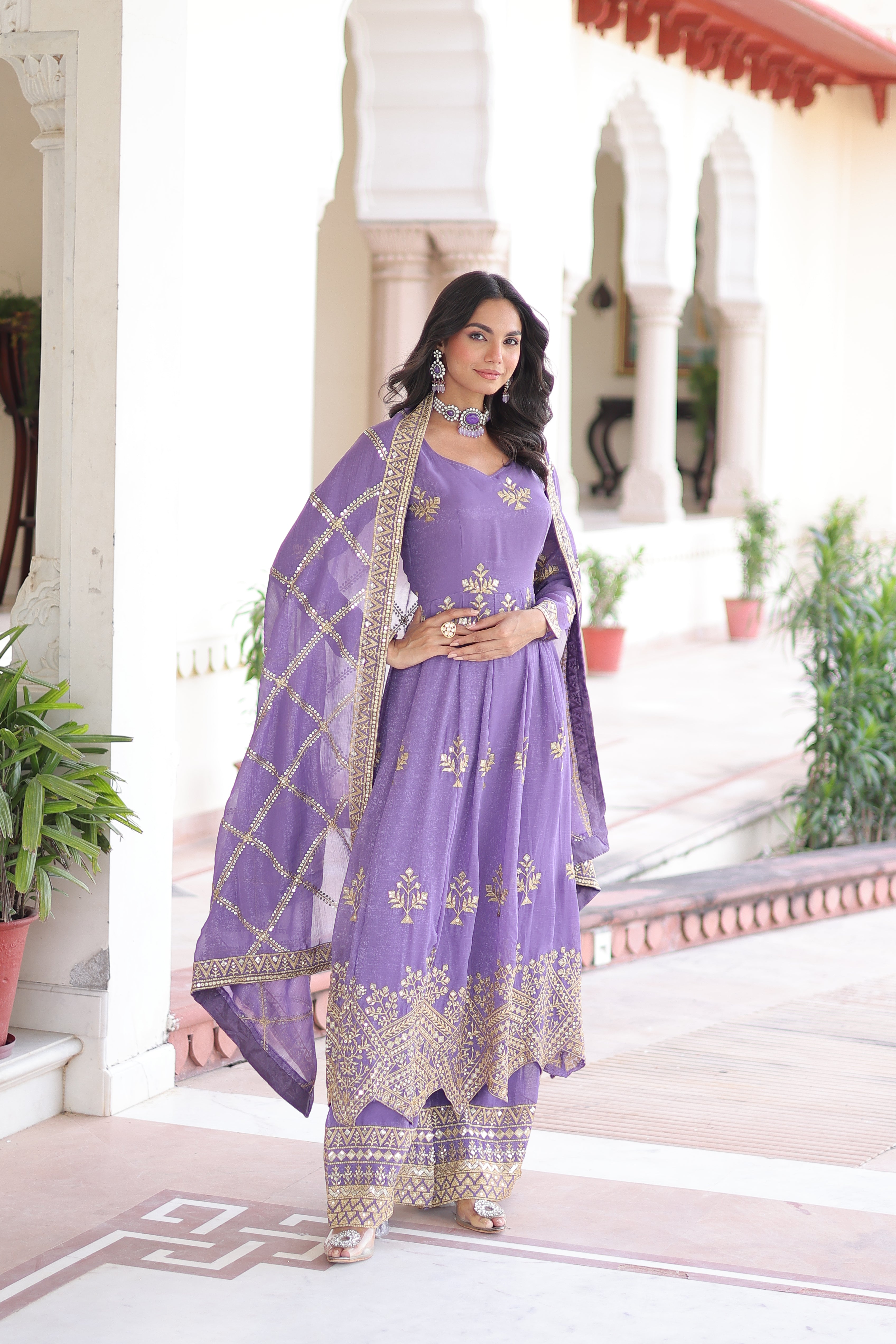 Vyoma Lavender Purple Silver Crunchy Rich Sequins Embroidered Work Gown Set