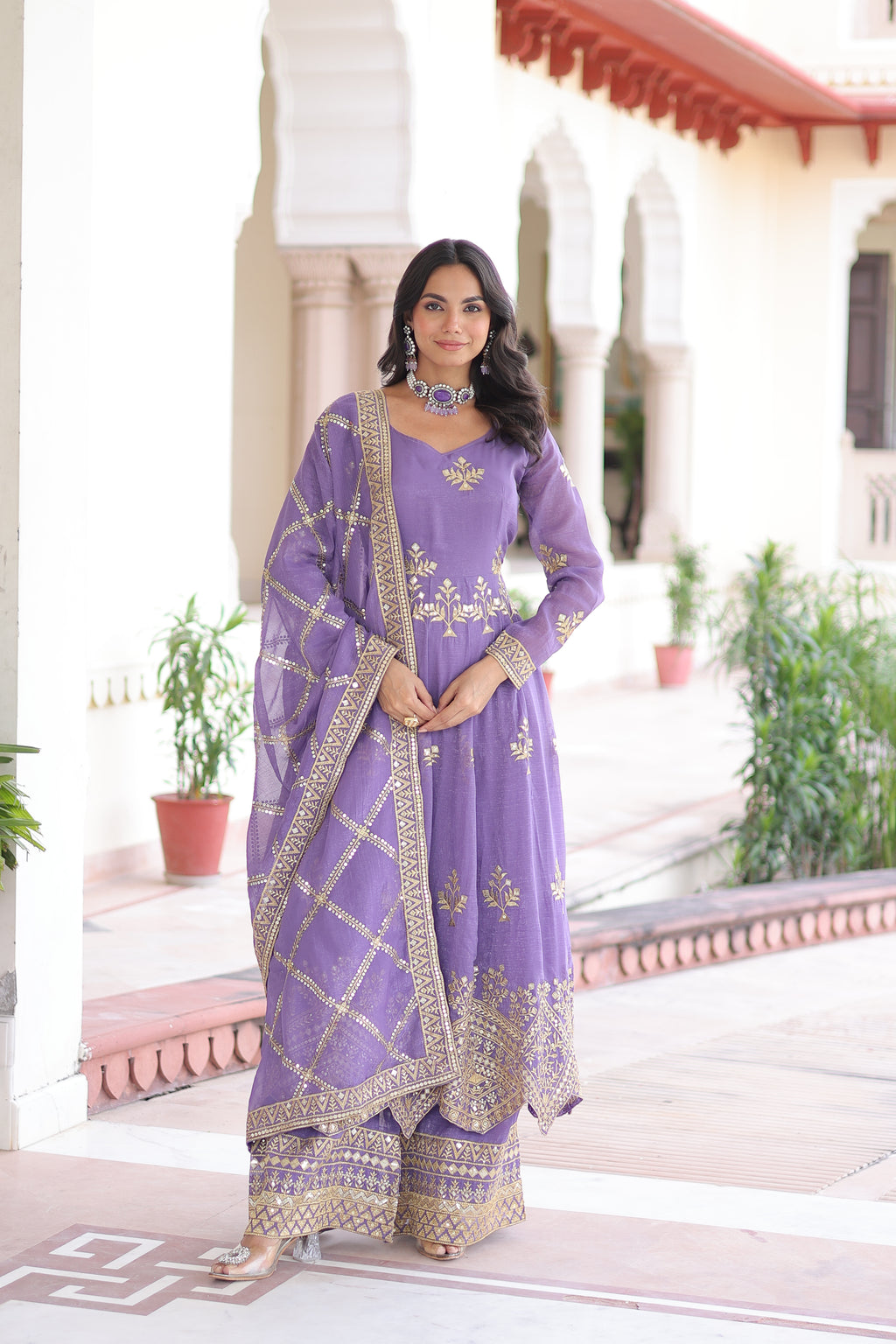 Vyoma Lavender Purple Silver Crunchy Rich Sequins Embroidered Work Gown Set