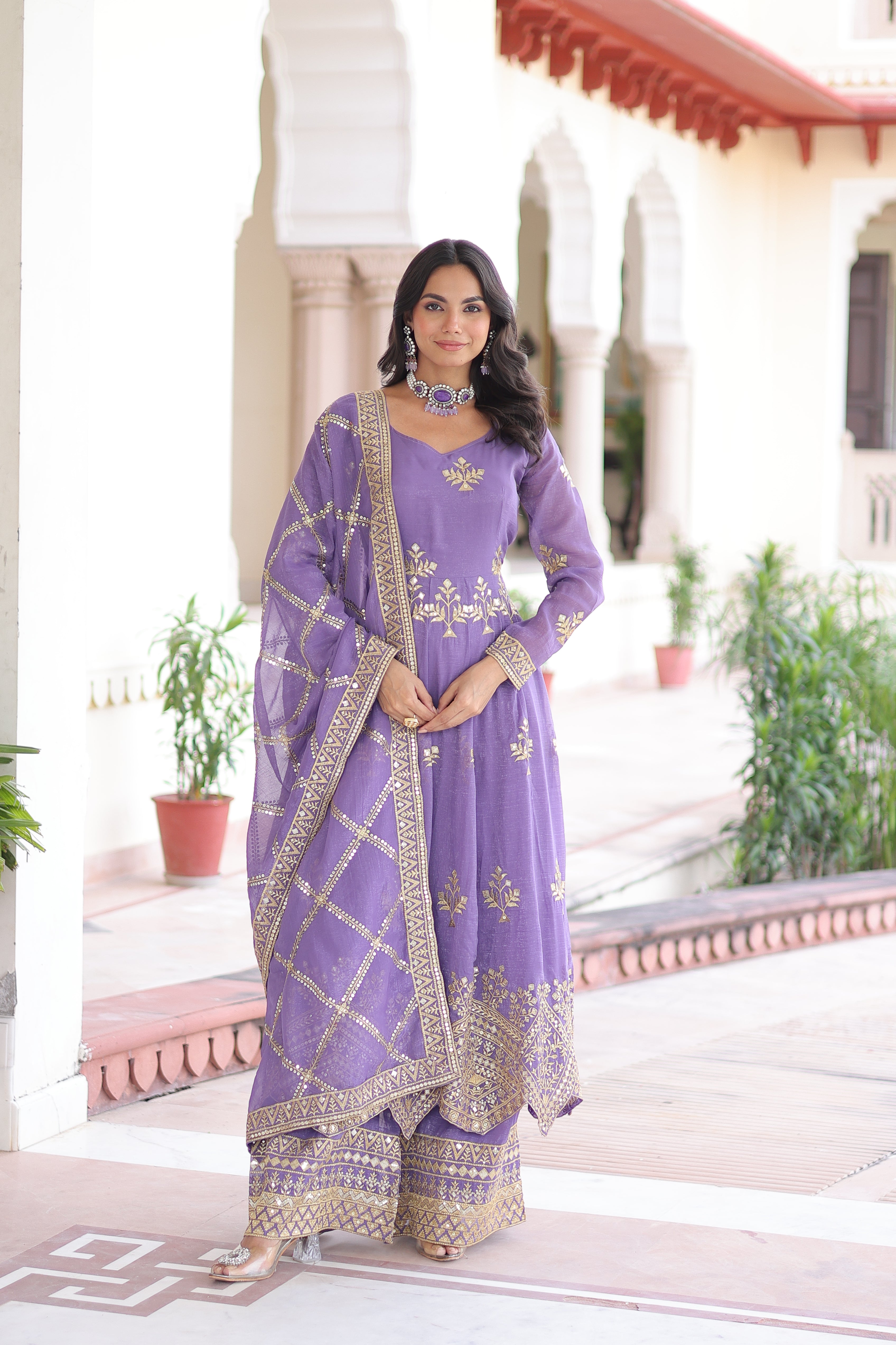 Vyoma Lavender Purple Silver Crunchy Rich Sequins Embroidered Work Gown Set