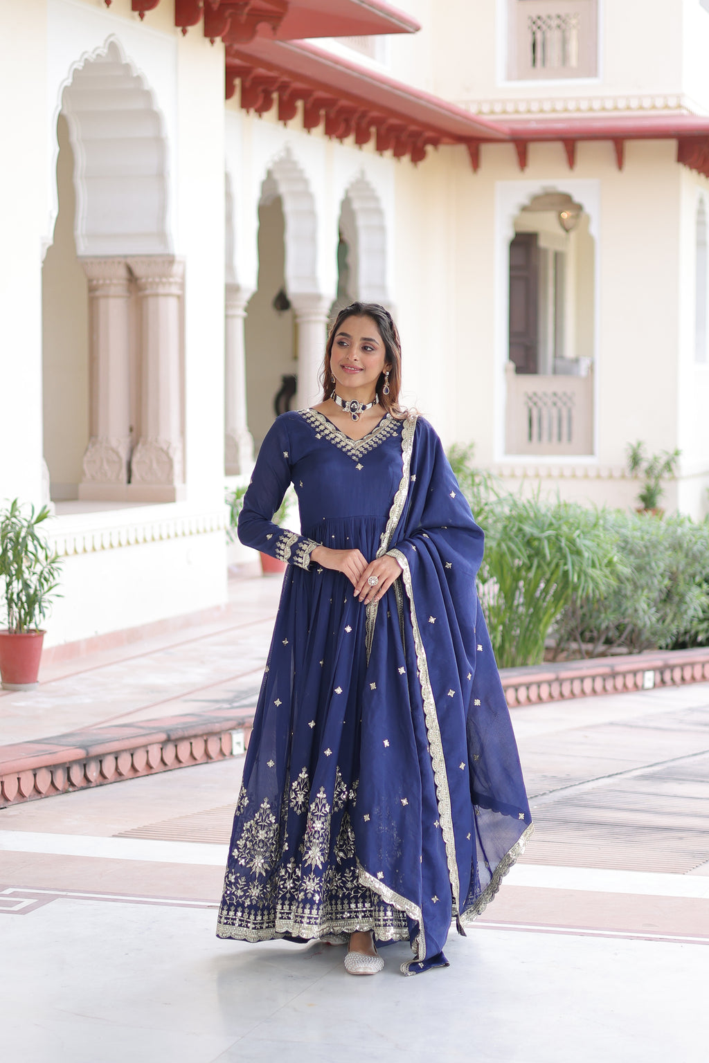 Tisara Blue Color Vichitra Silk Rich Sequins Embroidered Work Gown with Dupatta