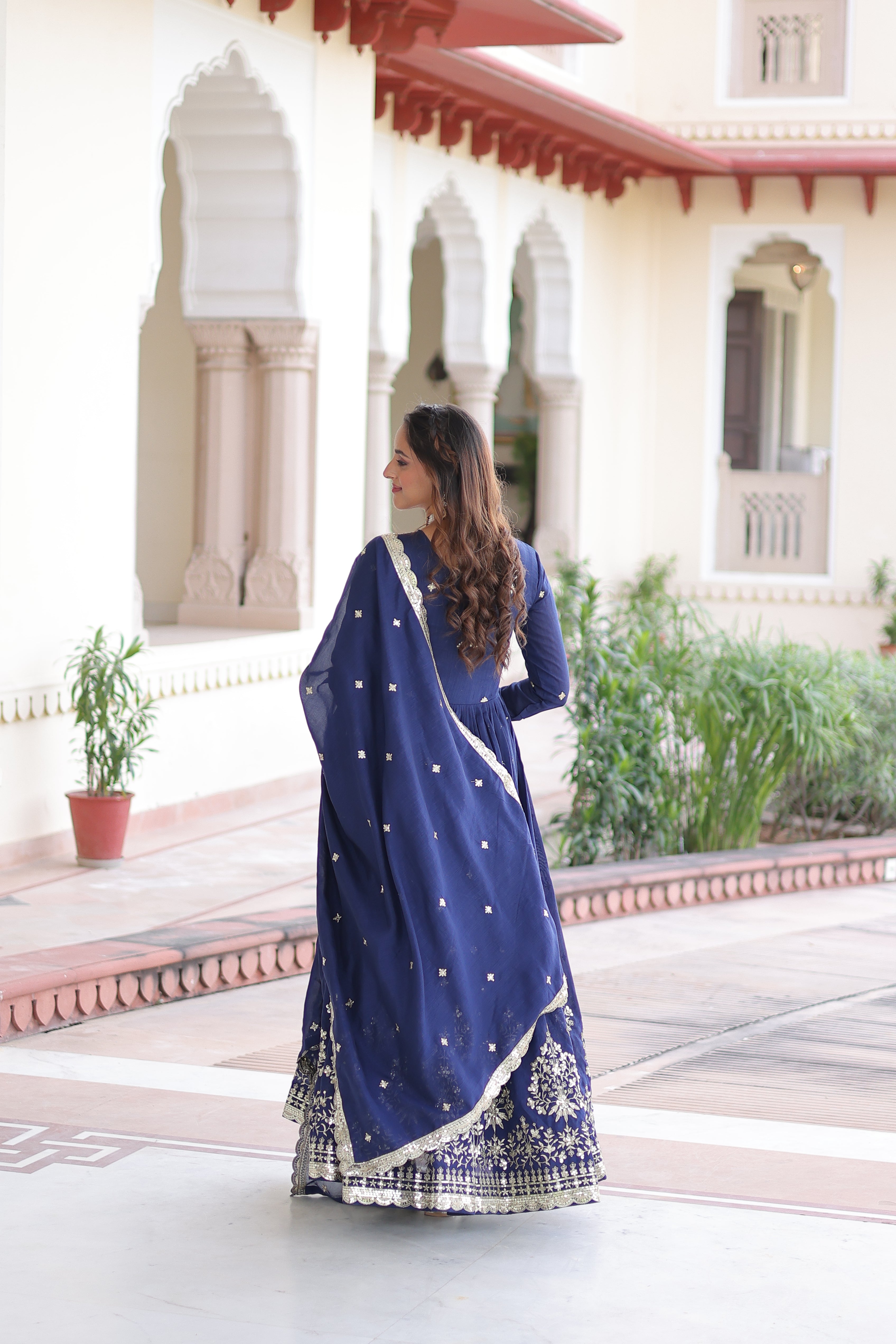 Tisara Blue Color Vichitra Silk Rich Sequins Embroidered Work Gown with Dupatta