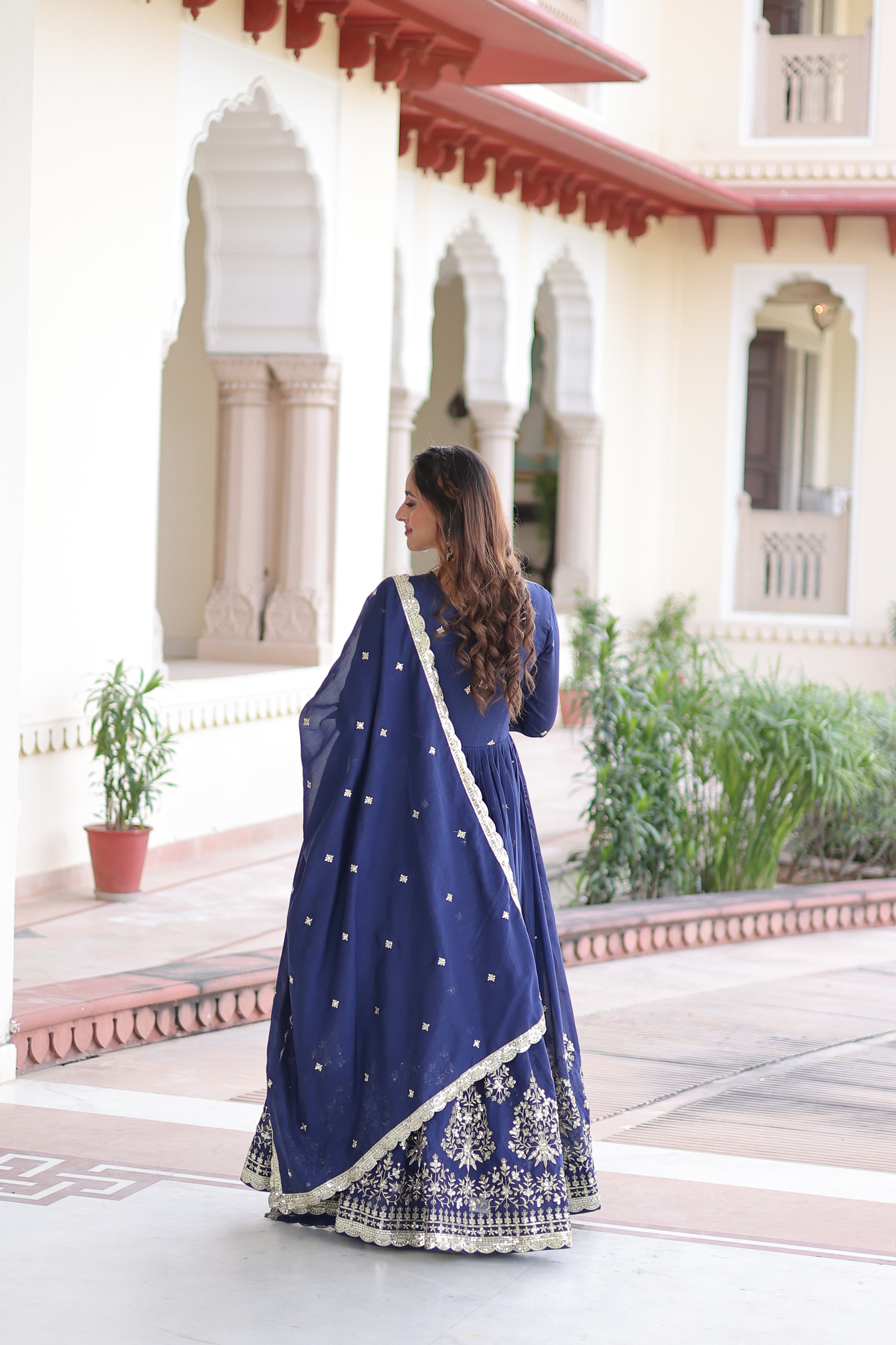Tisara Blue Color Vichitra Silk Rich Sequins Embroidered Work Gown with Dupatta