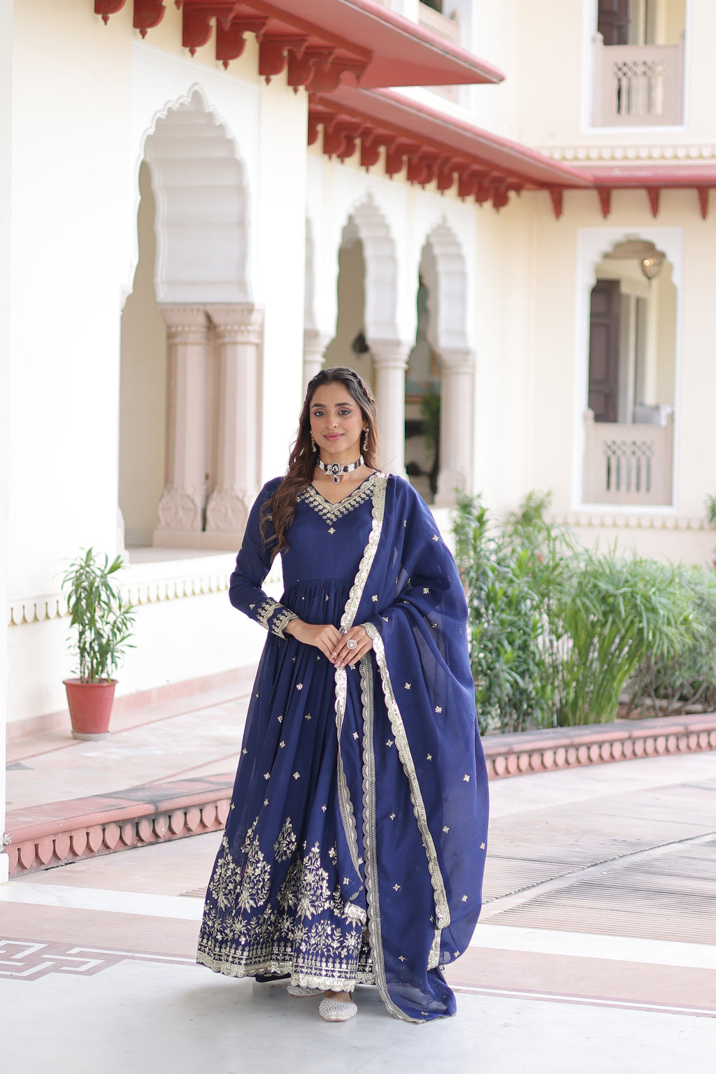 Tisara Blue Color Vichitra Silk Rich Sequins Embroidered Work Gown with Dupatta