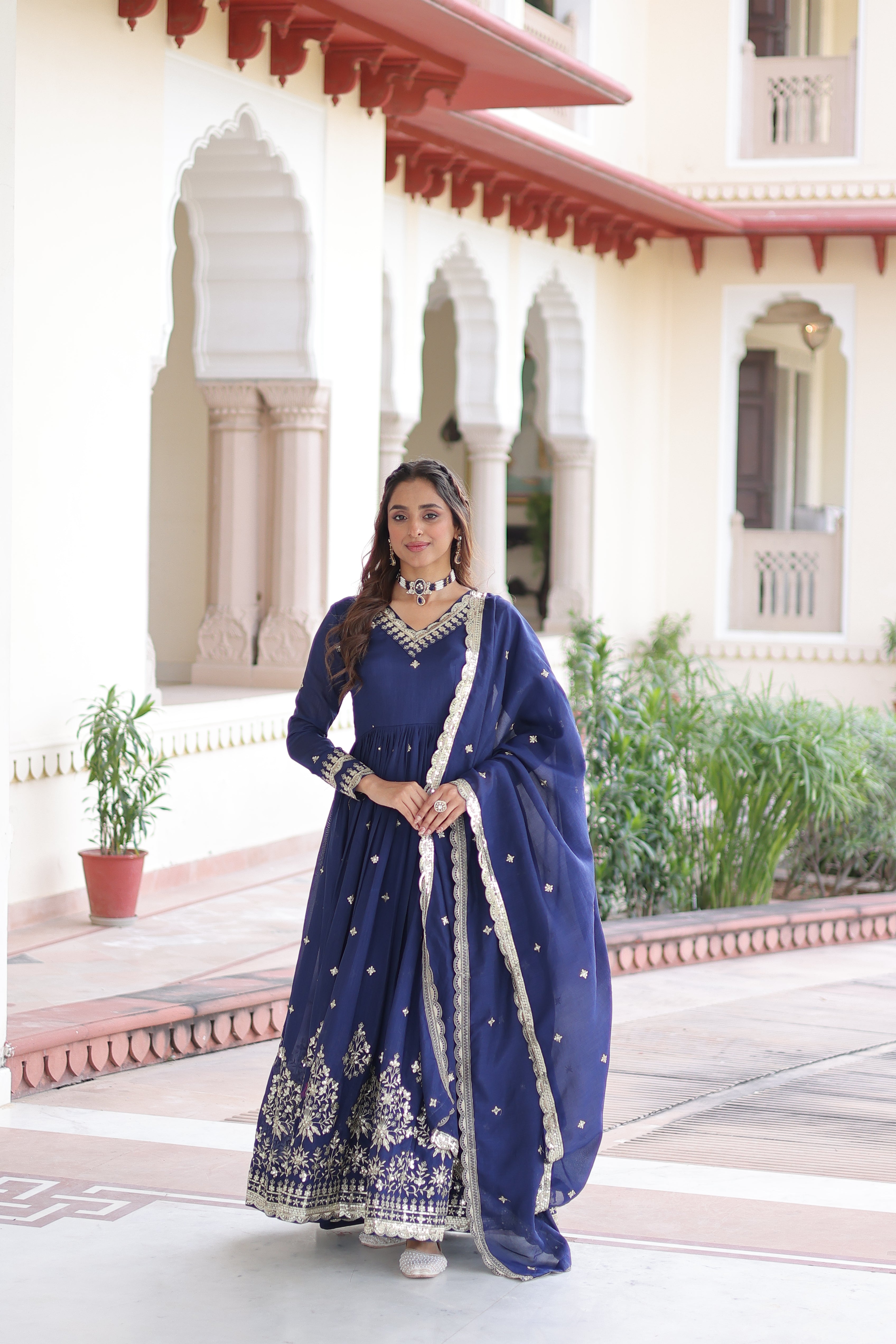 Tisara Blue Color Vichitra Silk Rich Sequins Embroidered Work Gown with Dupatta