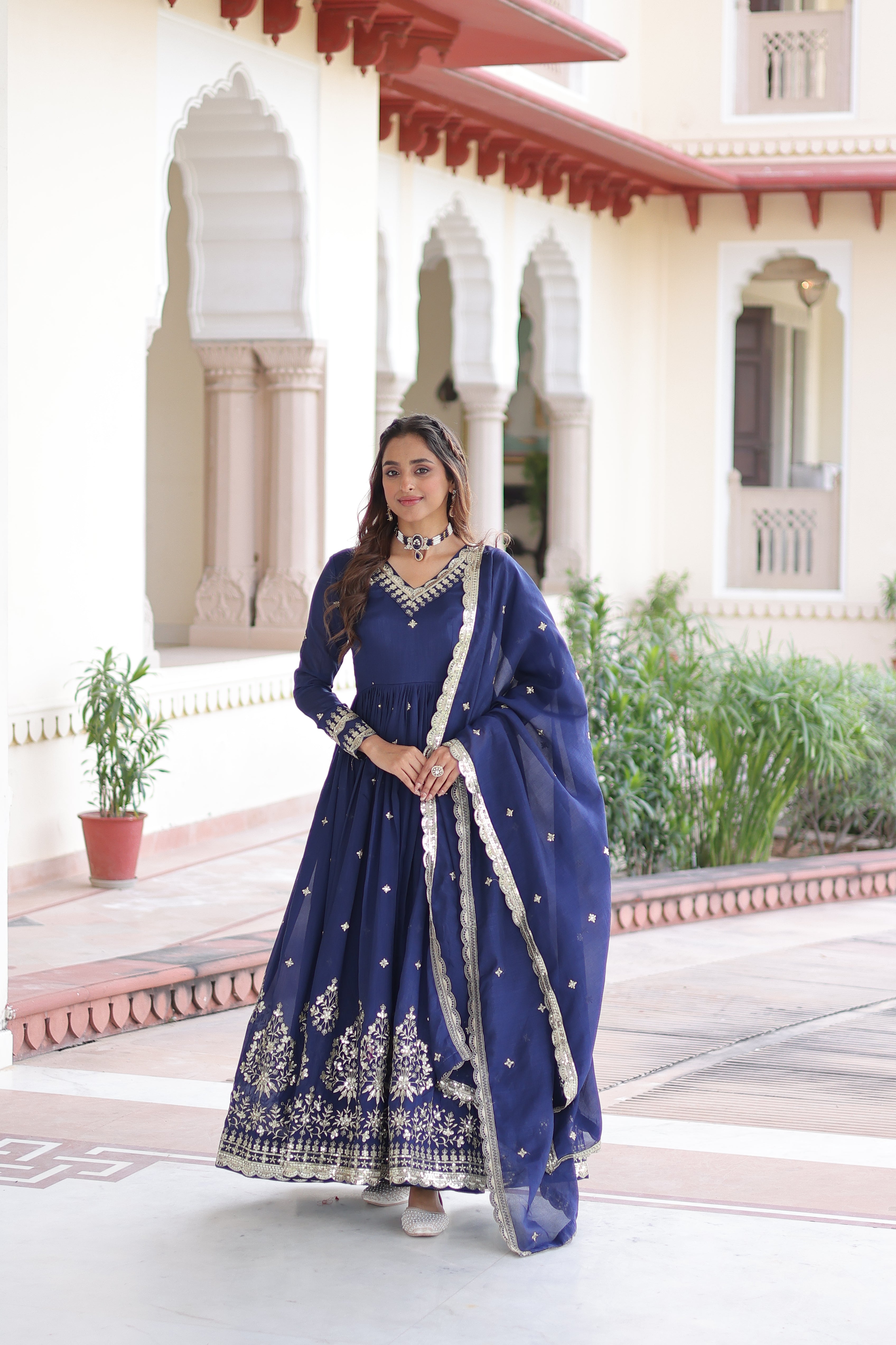 Tisara Blue Color Vichitra Silk Rich Sequins Embroidered Work Gown with Dupatta
