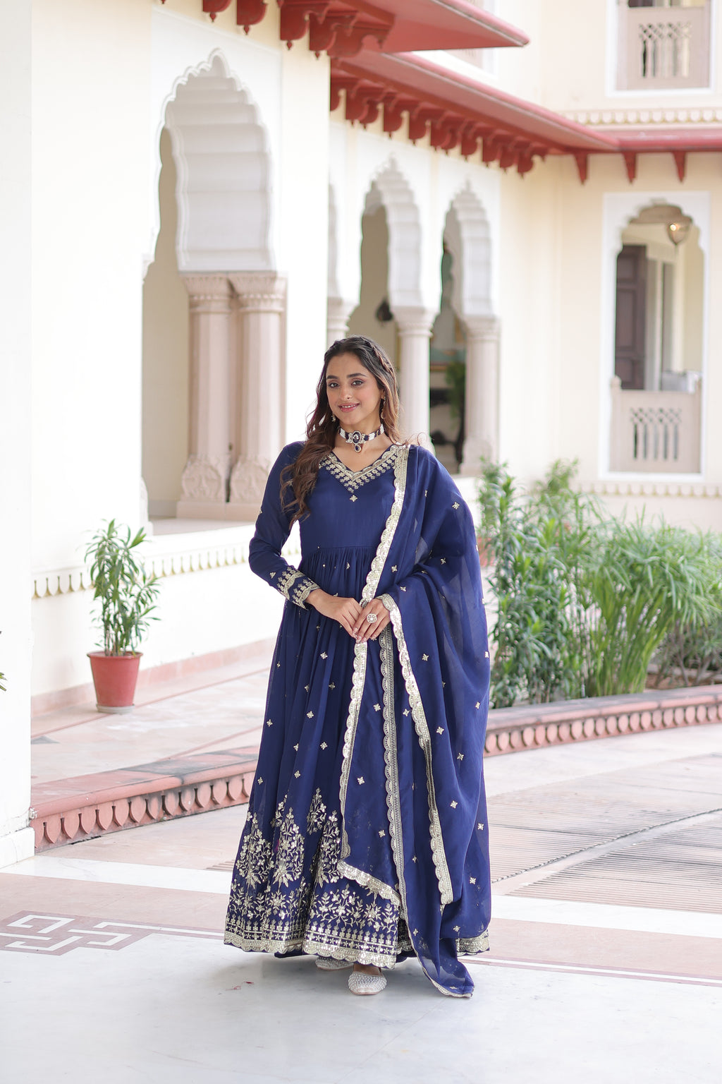 Tisara Blue Color Vichitra Silk Rich Sequins Embroidered Work Gown with Dupatta