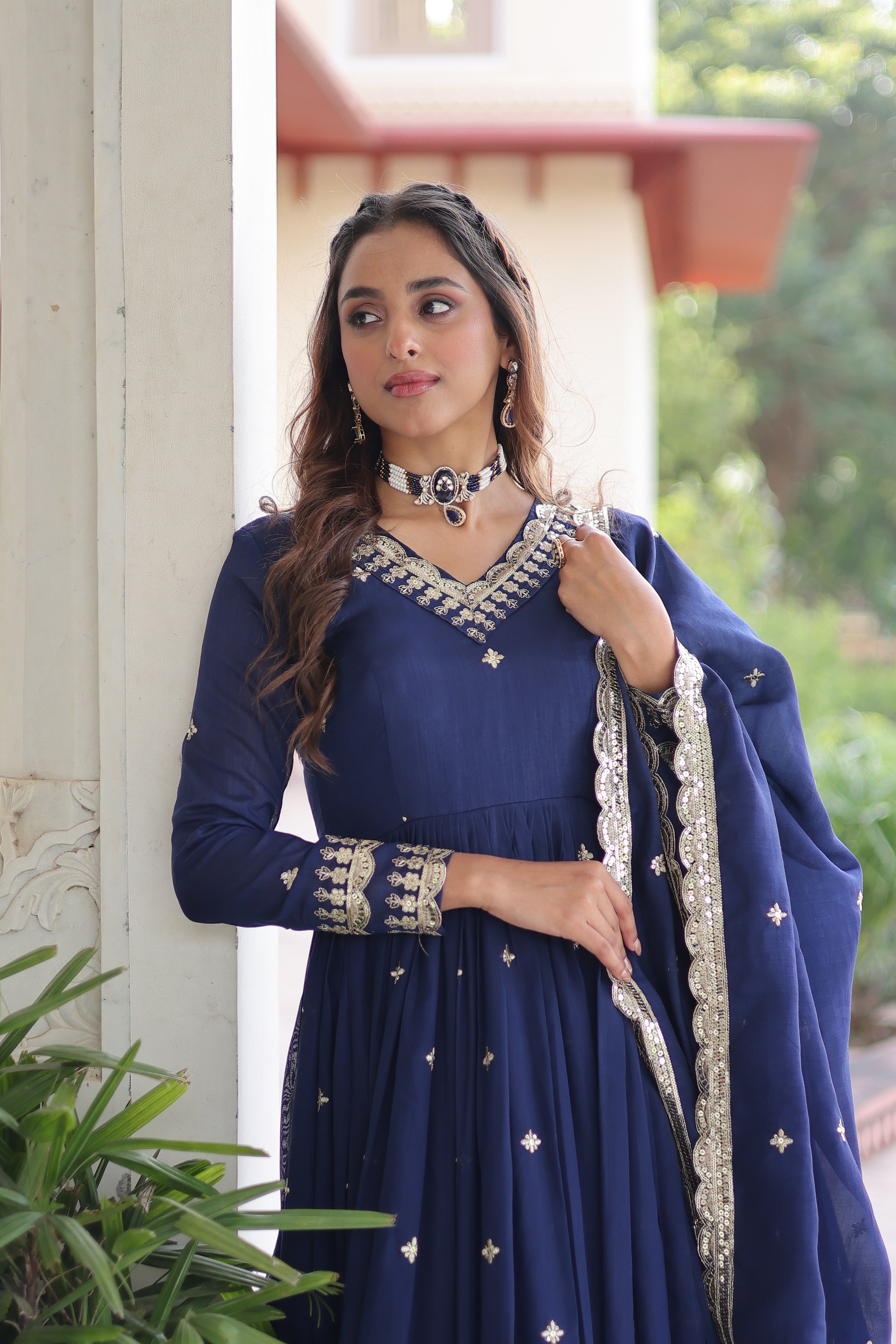 Tisara Blue Color Vichitra Silk Rich Sequins Embroidered Work Gown with Dupatta