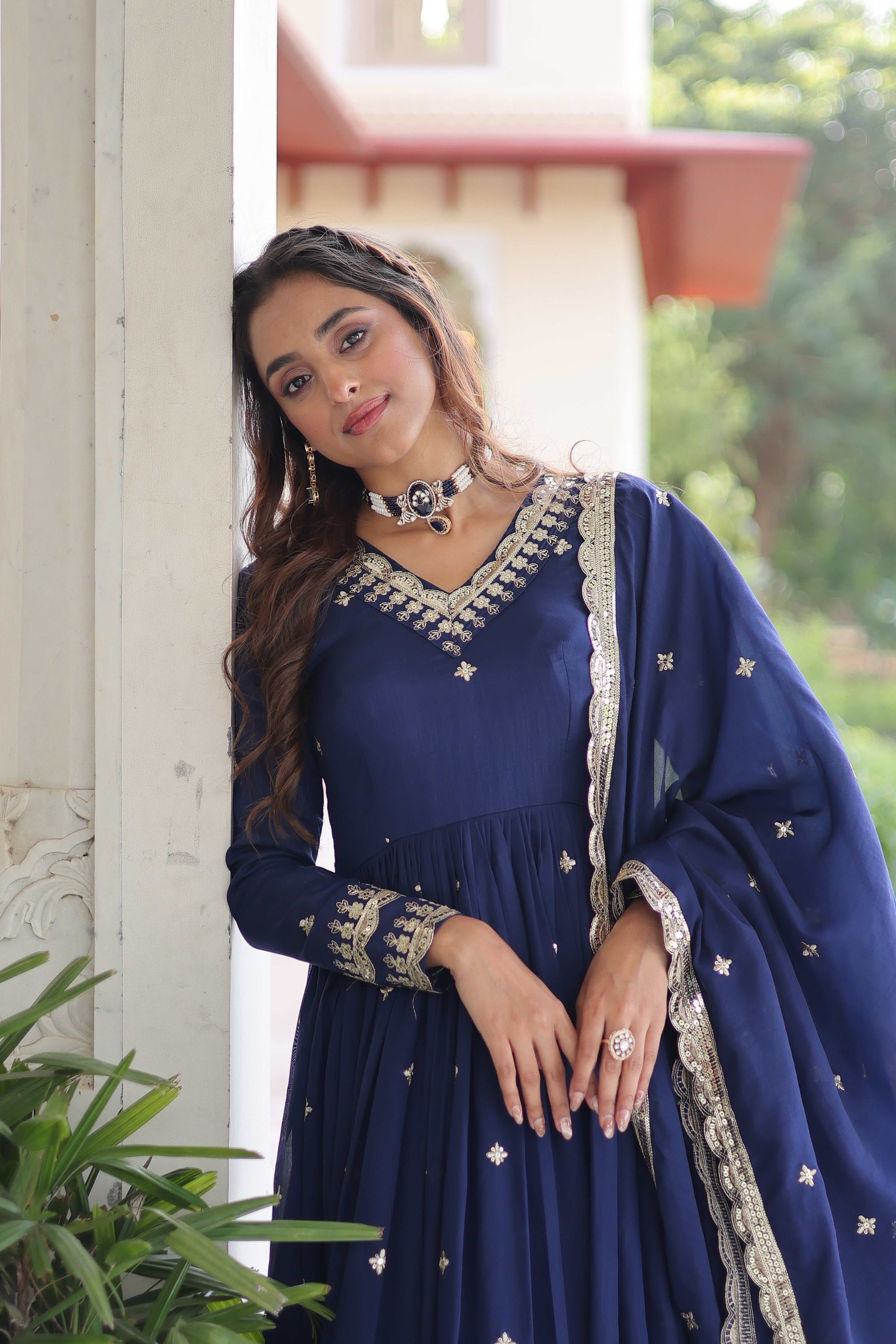 Tisara Blue Color Vichitra Silk Rich Sequins Embroidered Work Gown with Dupatta