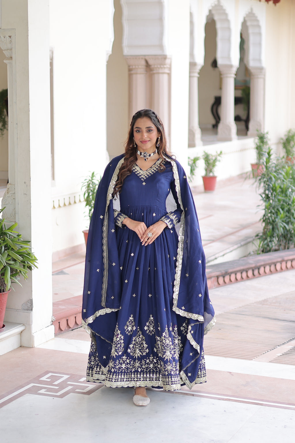 Tisara Blue Color Vichitra Silk Rich Sequins Embroidered Work Gown with Dupatta
