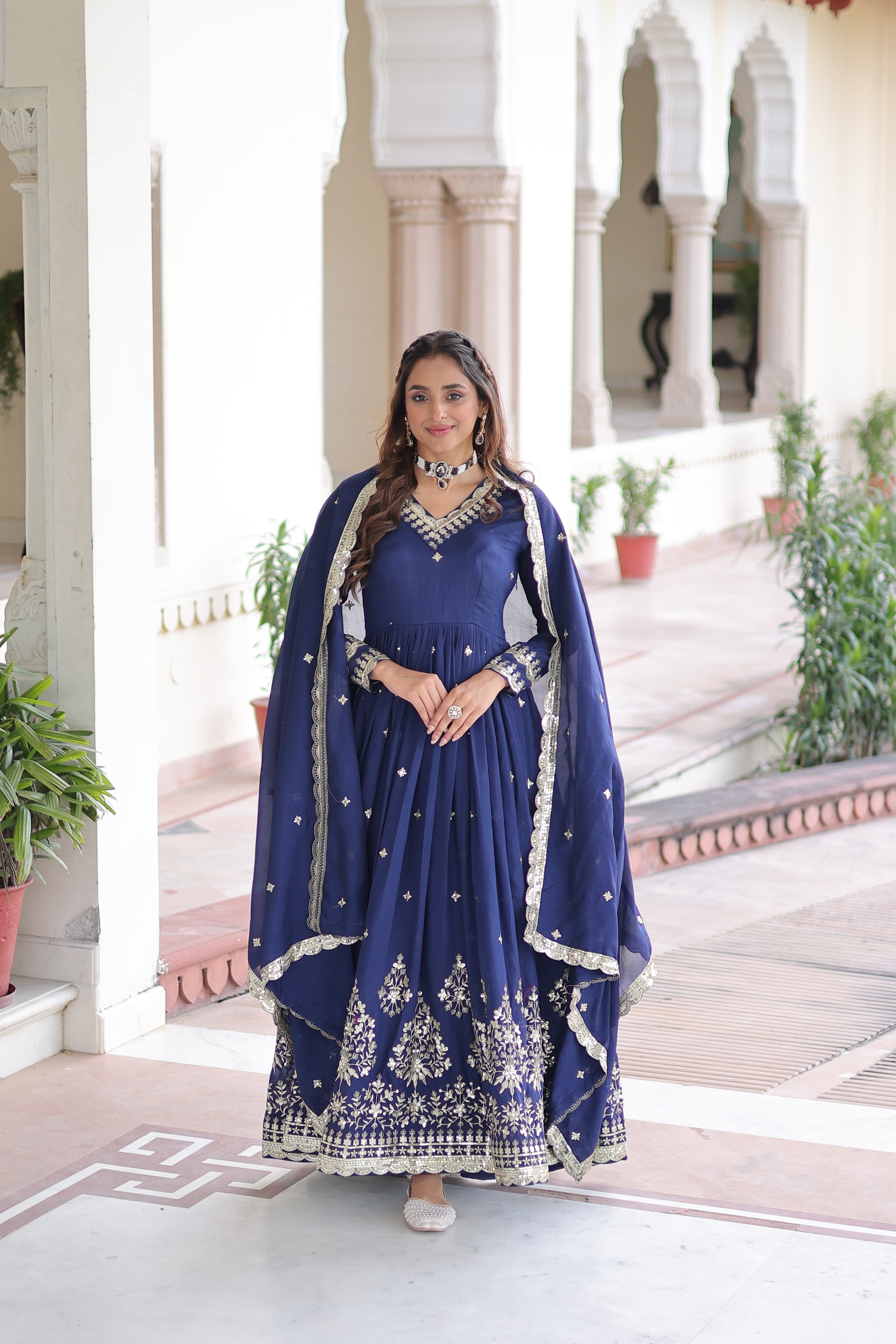 Tisara Blue Color Vichitra Silk Rich Sequins Embroidered Work Gown with Dupatta