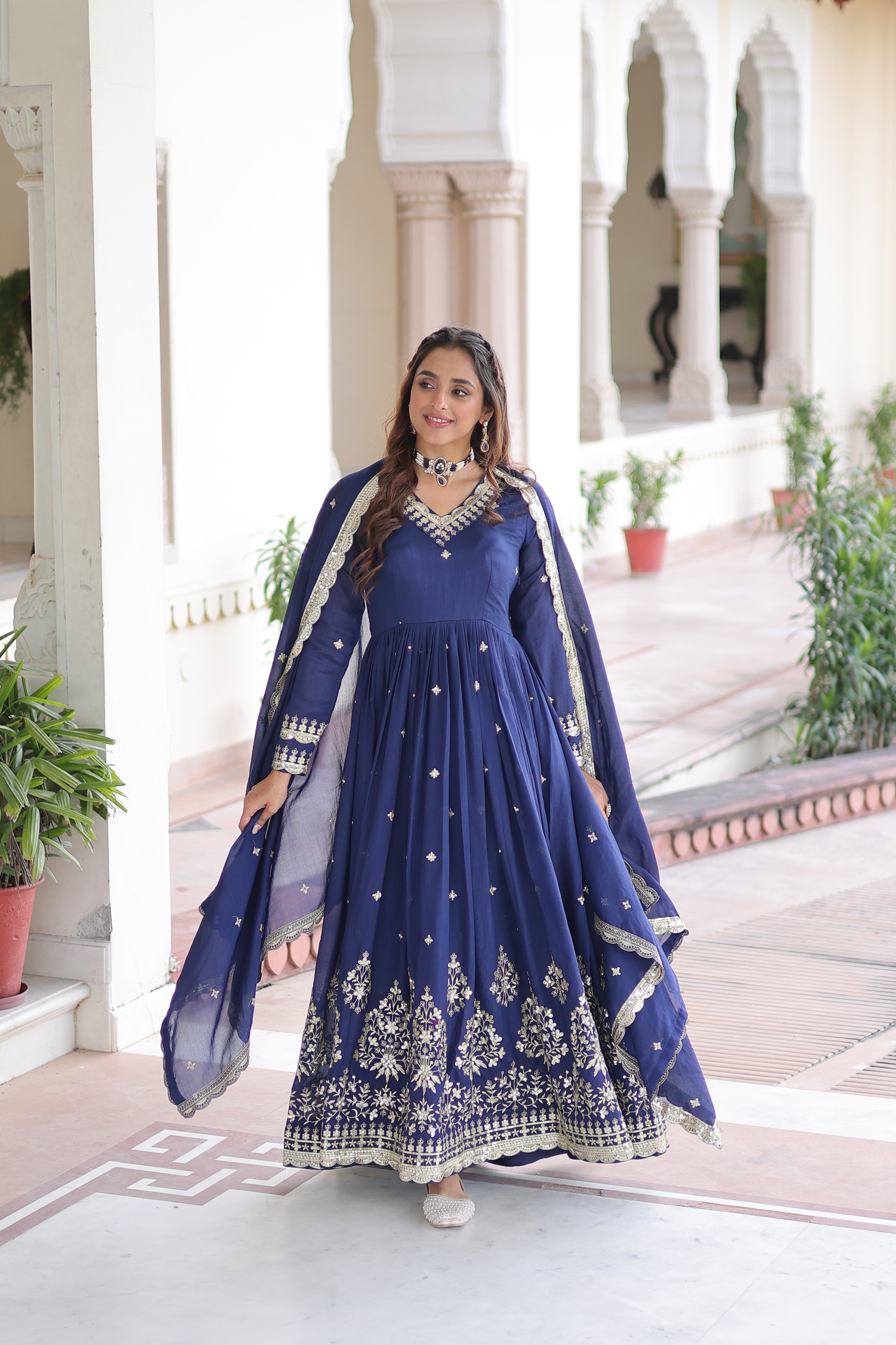 Tisara Blue Color Vichitra Silk Rich Sequins Embroidered Work Gown with Dupatta