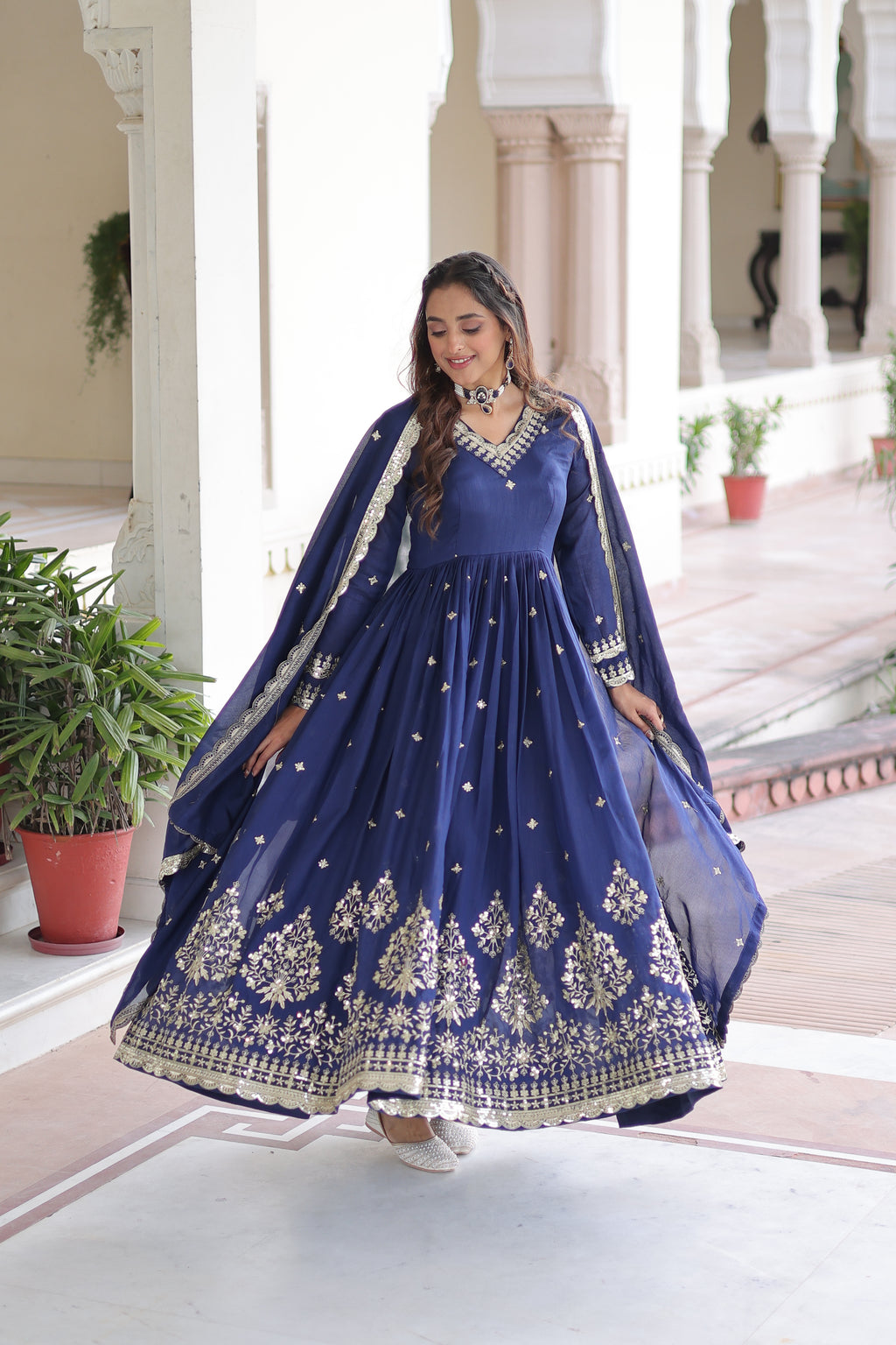 Tisara Blue Color Vichitra Silk Rich Sequins Embroidered Work Gown with Dupatta