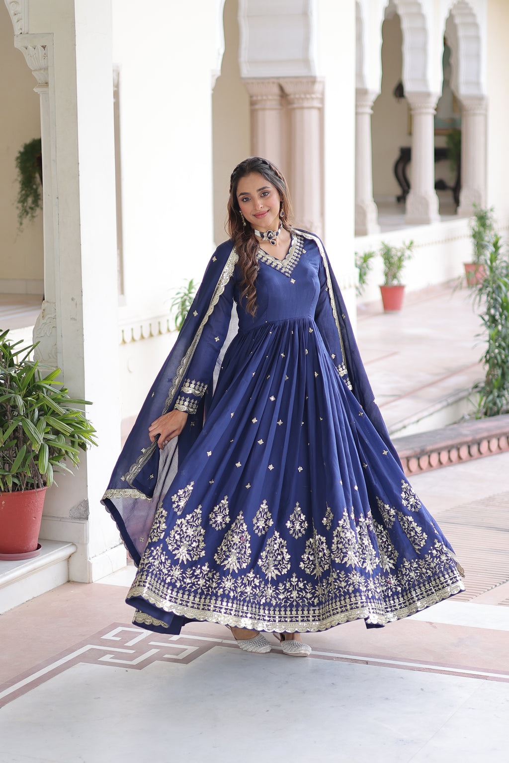 Tisara Blue Color Vichitra Silk Rich Sequins Embroidered Work Gown with Dupatta