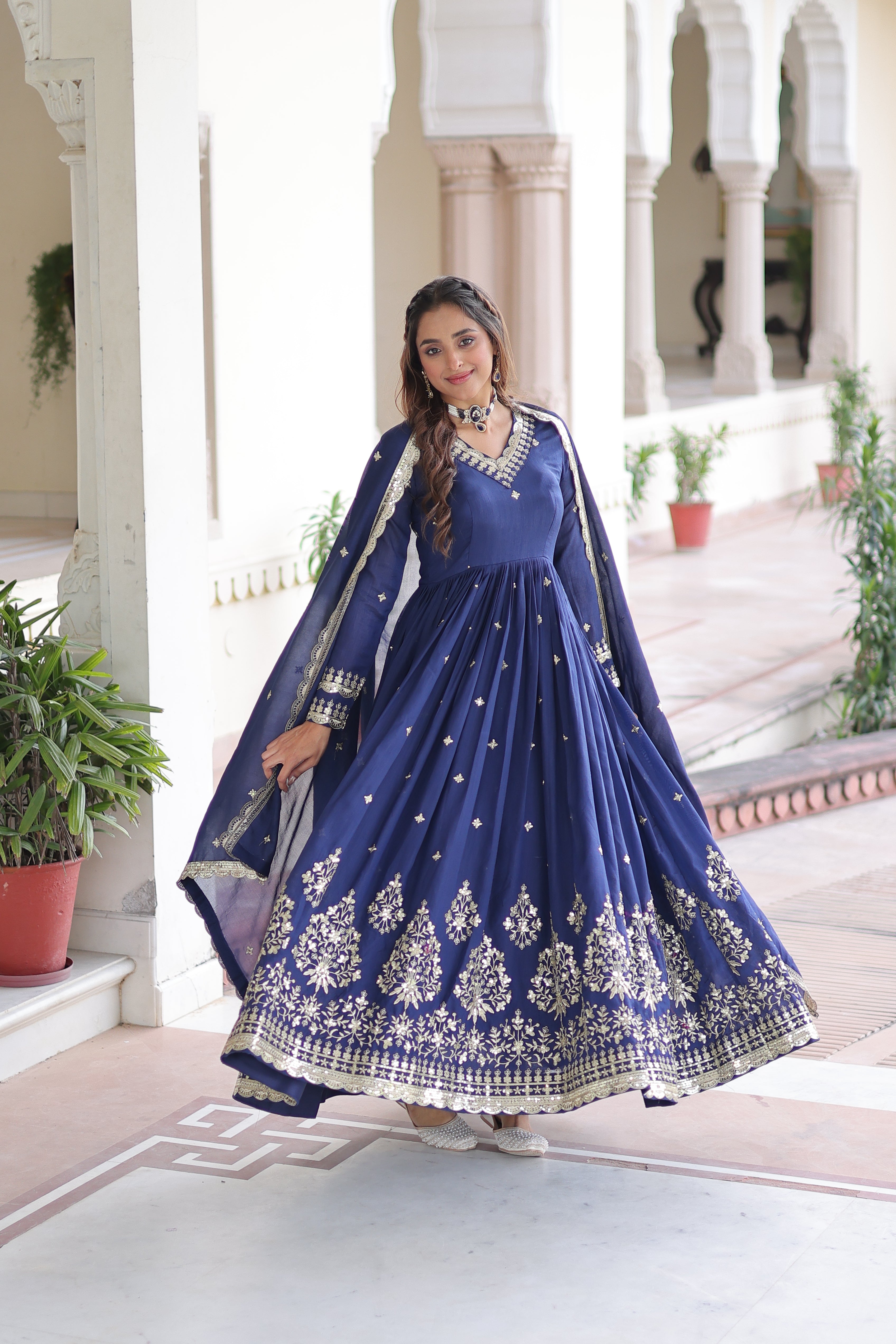 Tisara Blue Color Vichitra Silk Rich Sequins Embroidered Work Gown with Dupatta