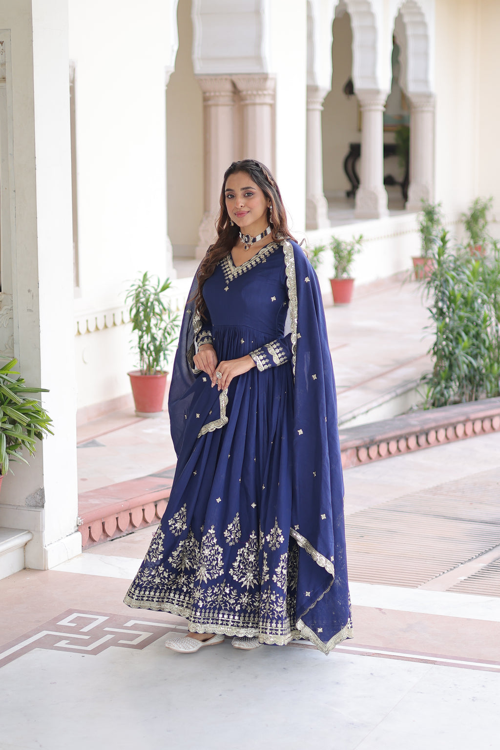 Tisara Blue Color Vichitra Silk Rich Sequins Embroidered Work Gown with Dupatta