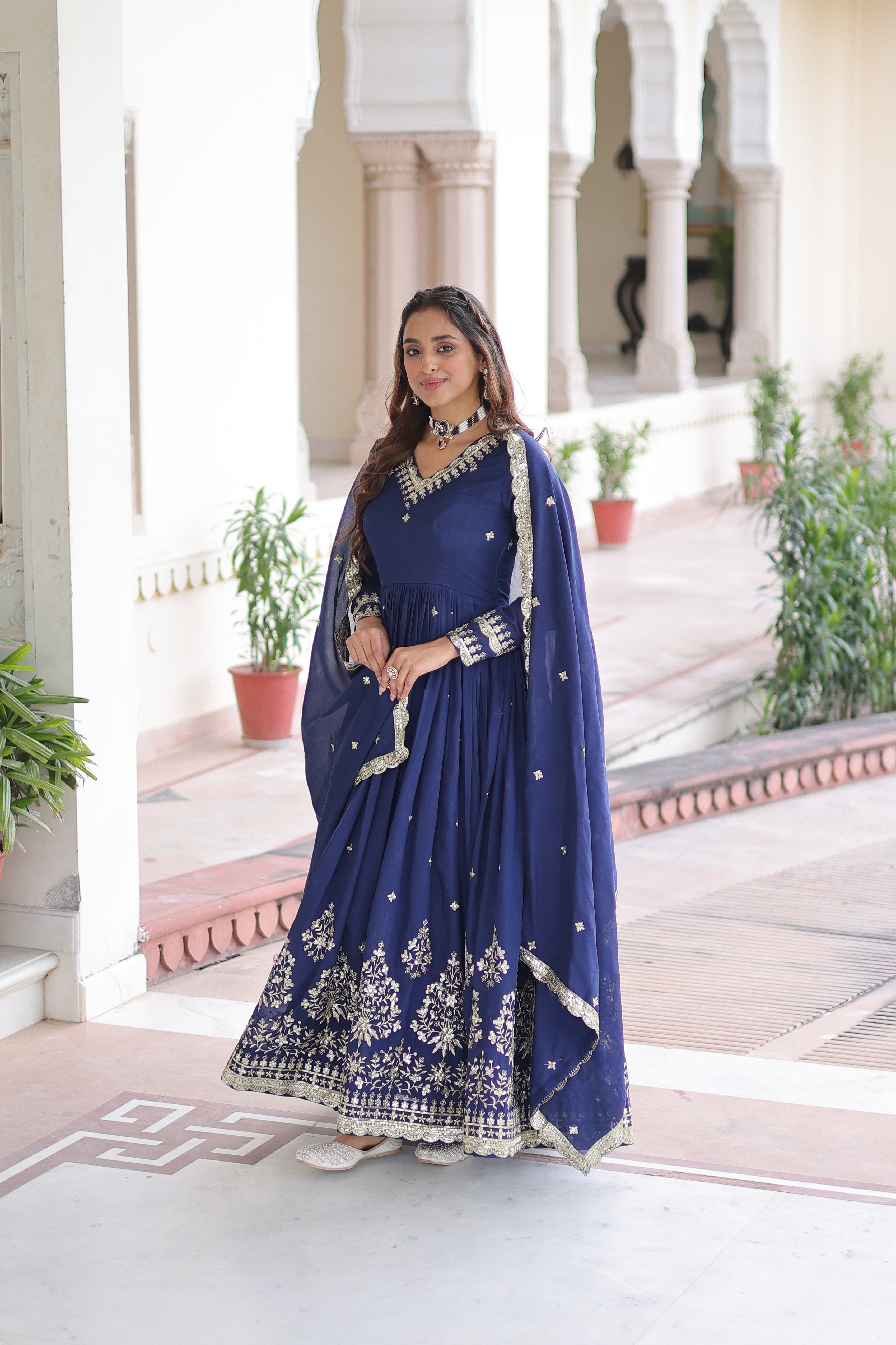 Tisara Blue Color Vichitra Silk Rich Sequins Embroidered Work Gown with Dupatta