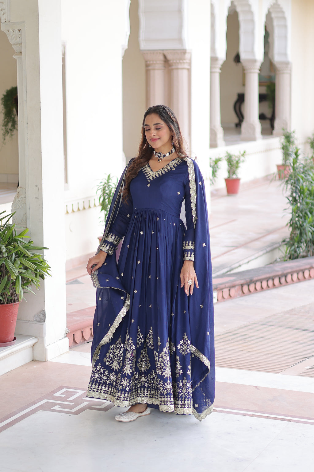 Tisara Blue Color Vichitra Silk Rich Sequins Embroidered Work Gown with Dupatta