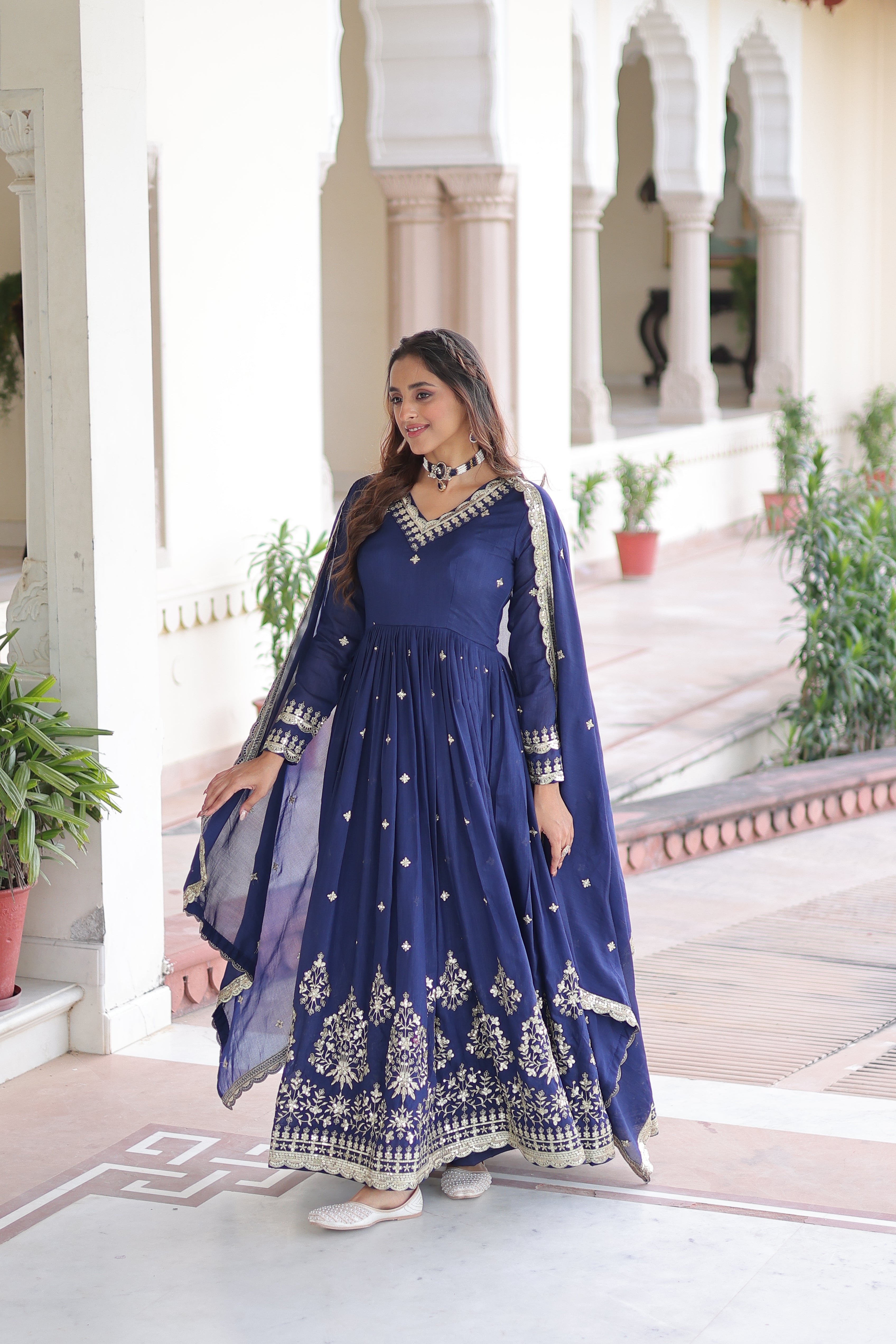 Tisara Blue Color Vichitra Silk Rich Sequins Embroidered Work Gown with Dupatta