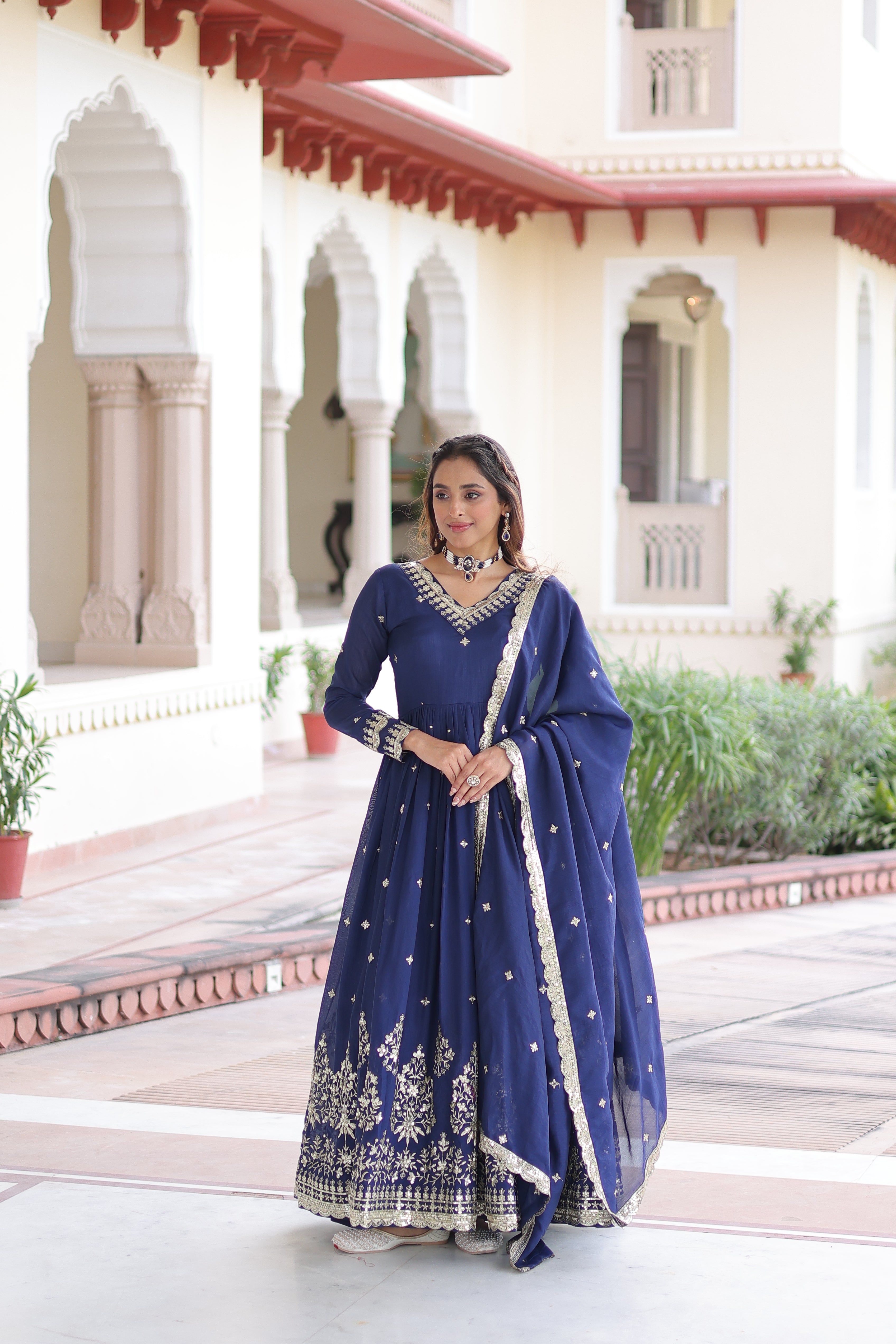 Tisara Blue Color Vichitra Silk Rich Sequins Embroidered Work Gown with Dupatta