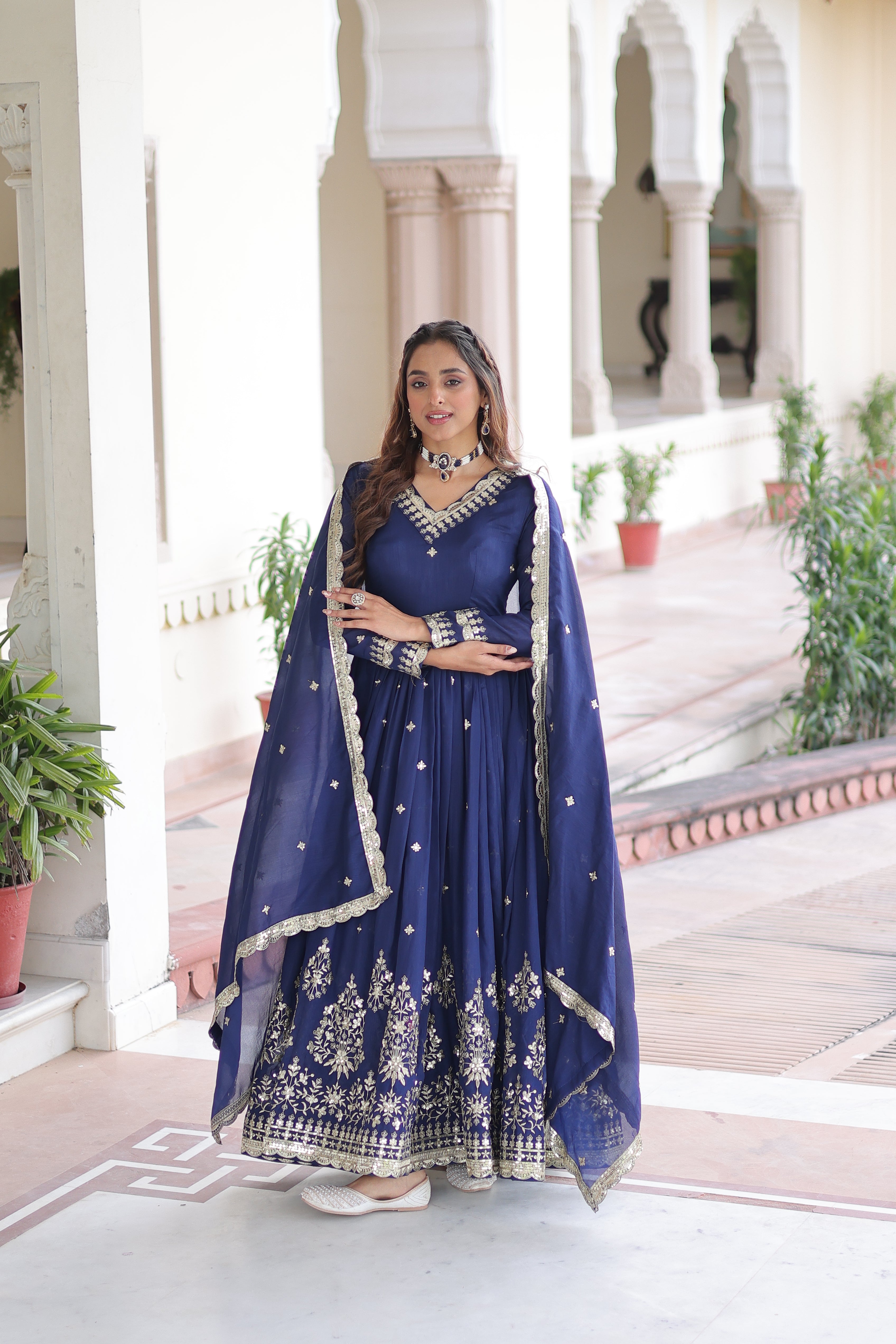 Tisara Blue Color Vichitra Silk Rich Sequins Embroidered Work Gown with Dupatta