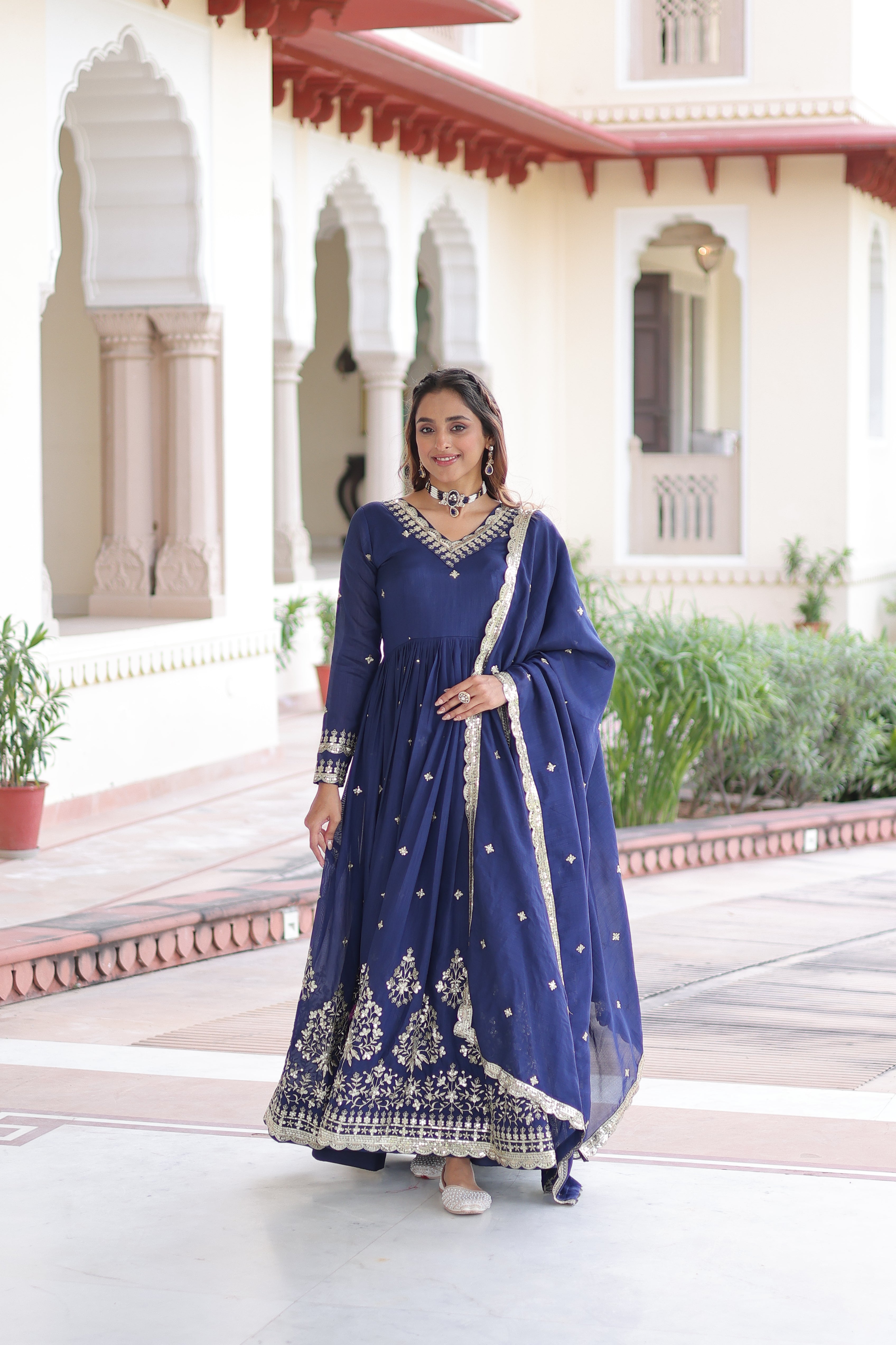 Tisara Blue Color Vichitra Silk Rich Sequins Embroidered Work Gown with Dupatta