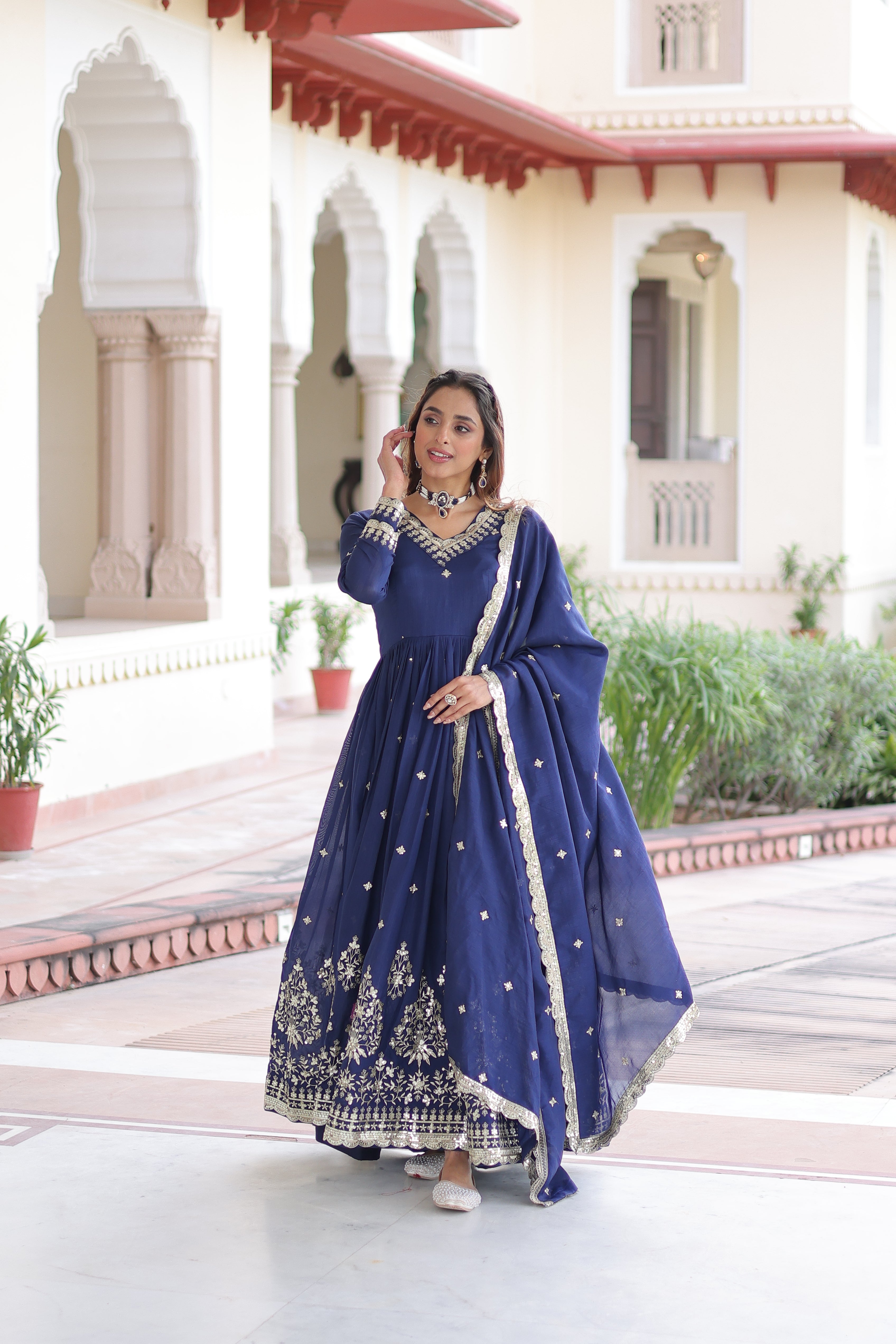 Tisara Blue Color Vichitra Silk Rich Sequins Embroidered Work Gown with Dupatta