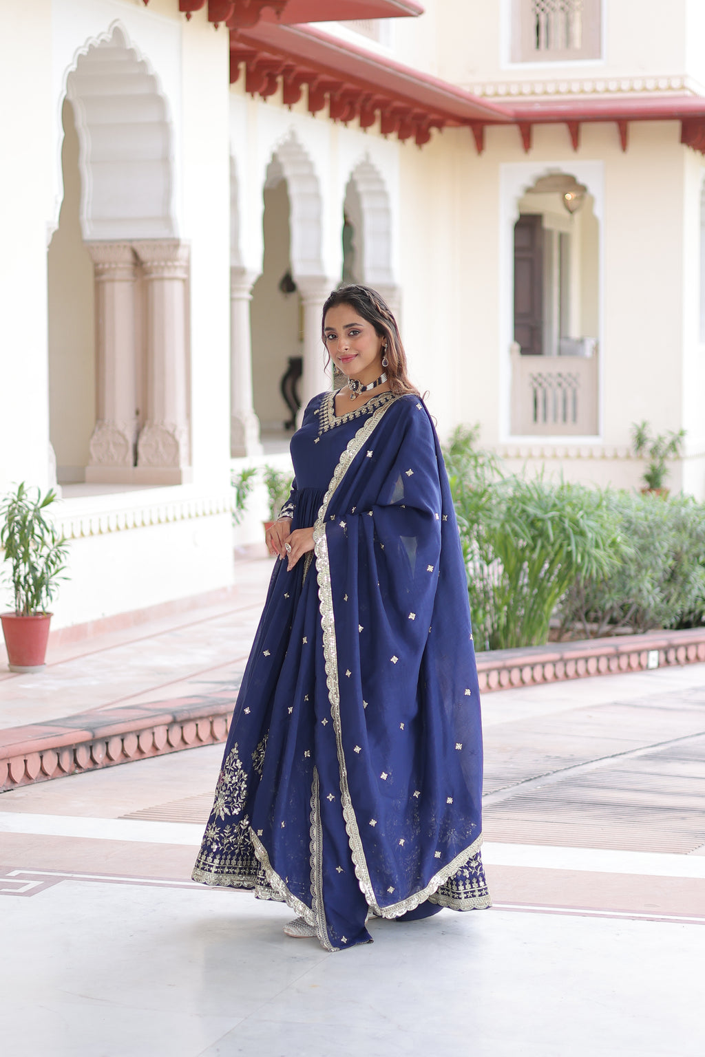 Tisara Blue Color Vichitra Silk Rich Sequins Embroidered Work Gown with Dupatta