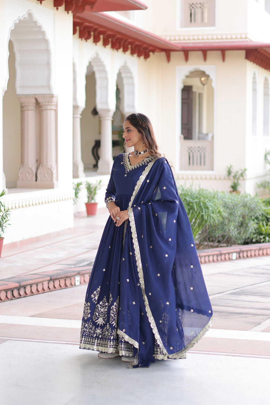 Tisara Blue Color Vichitra Silk Rich Sequins Embroidered Work Gown with Dupatta